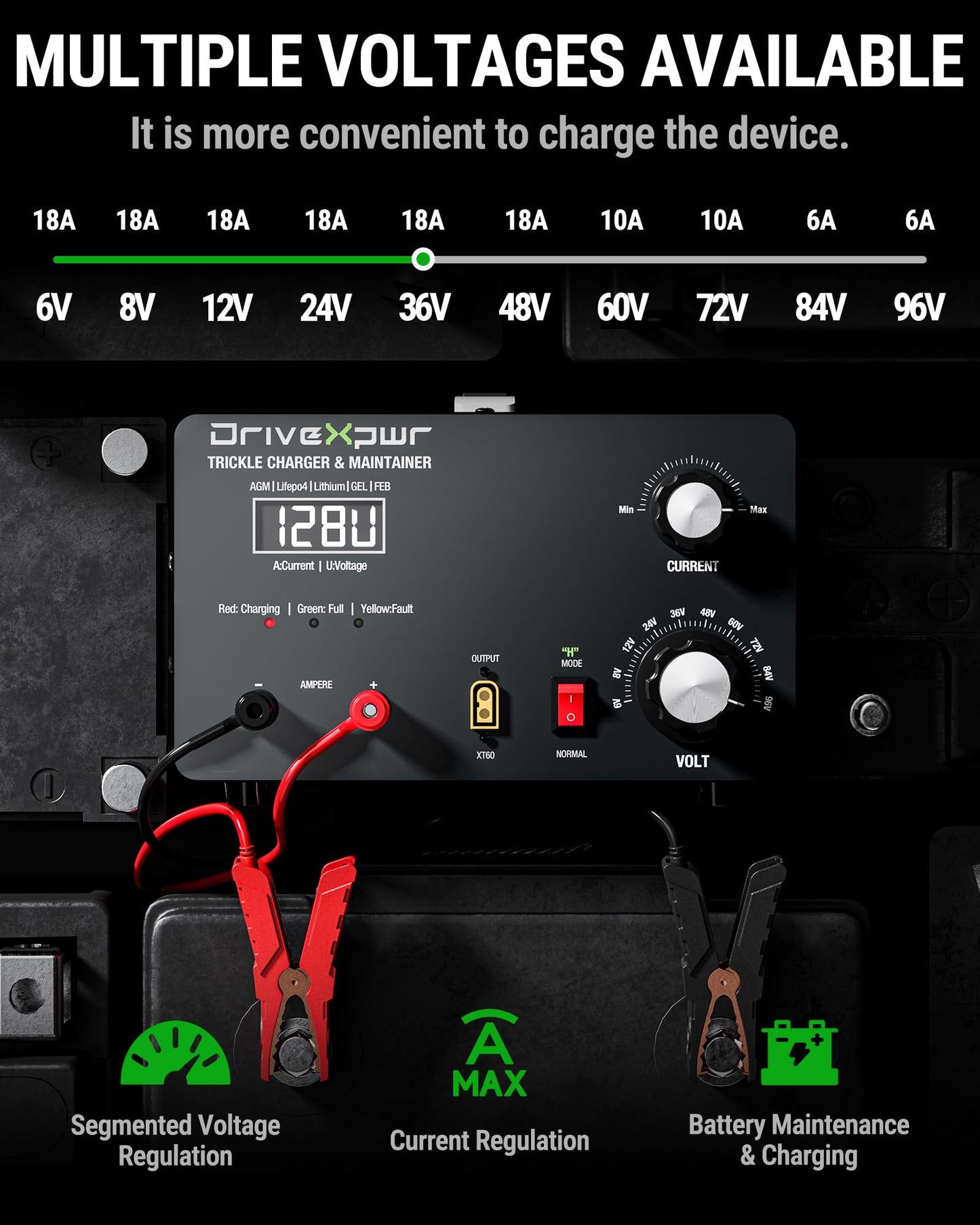 Adjustable Battery Charger 6V 8V 12V 24V 36V 48V 60V 72V 84V 96V,18A Automatic Battery Maintainer,Battery Desulfator Maintainer for Lead-Acid LiFePO4 Lithium,Suit Automotive Golf Cart Truck Mower(X50)
