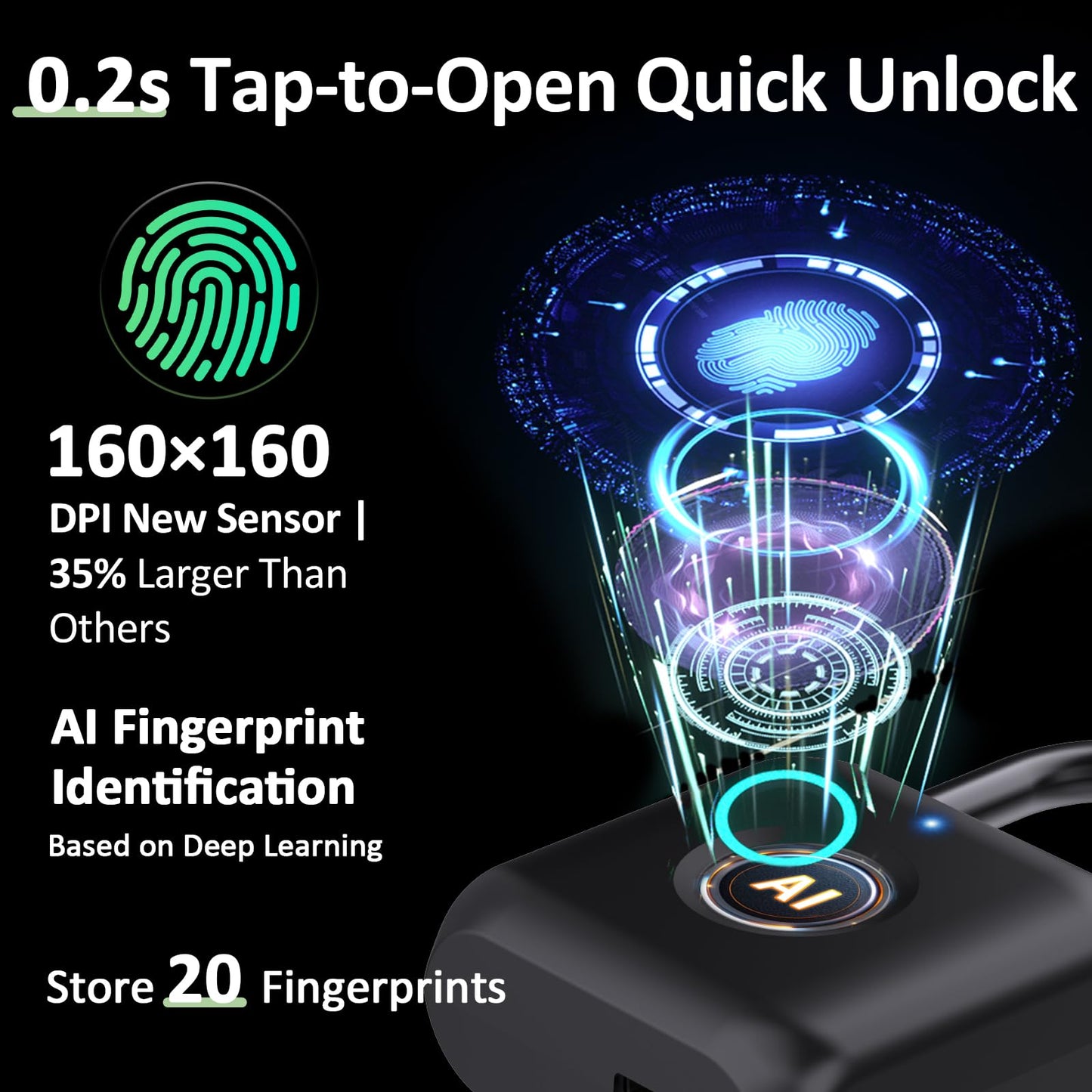 Pothunder Fingerprint Padlock, Smart Padlock, Locker Lock, Combination Lock, Fingerprint Lock with APP Unlock, USB Rechargeable, Suitable for Gym Locker, Door, Locker(Black)