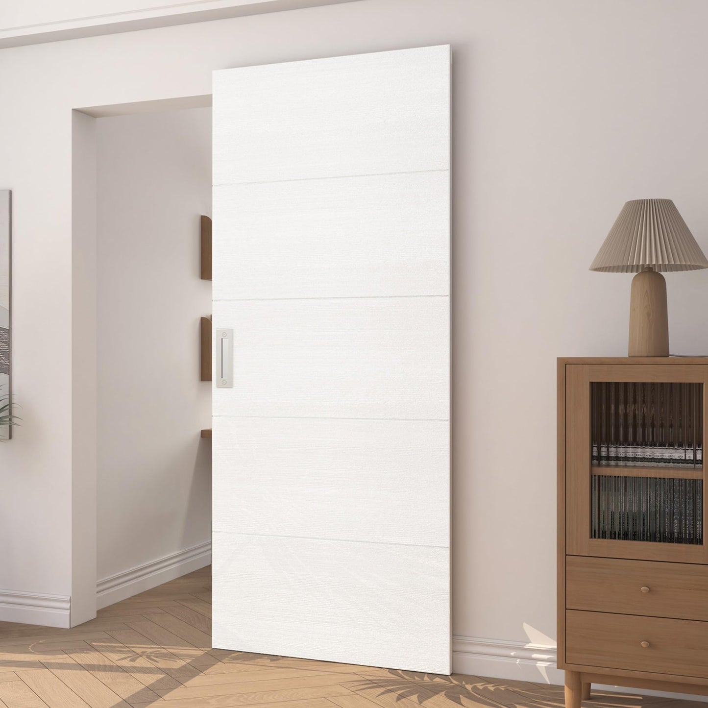 JUBEST 36"x84" Concealed Sliding Barn Door with Horizontal Groove and Soft Close Hardware Kit, White Flush Hidden Door for Opening 32"-34"x80", Waterproof and Smooth Sliding, for Interior Using