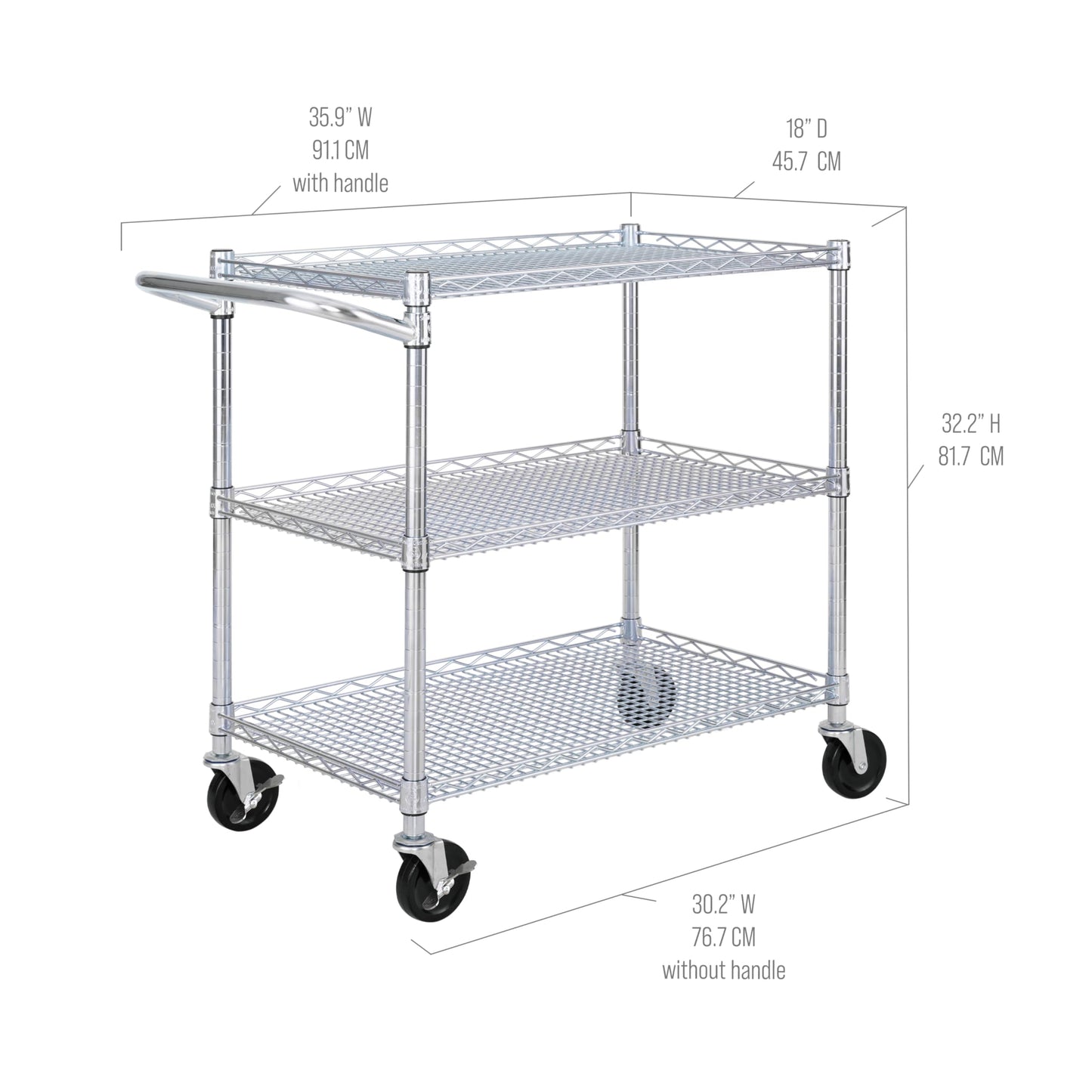 Seville Classics UltraDurable NSF Commercial Heavy Duty Metal Rolling Utility Cart, w/ Steel Shelves, Handle Bar for Restaurant, Garage, Warehouse, Kitchen, Office, Top Shelf (36"W x 18"D)