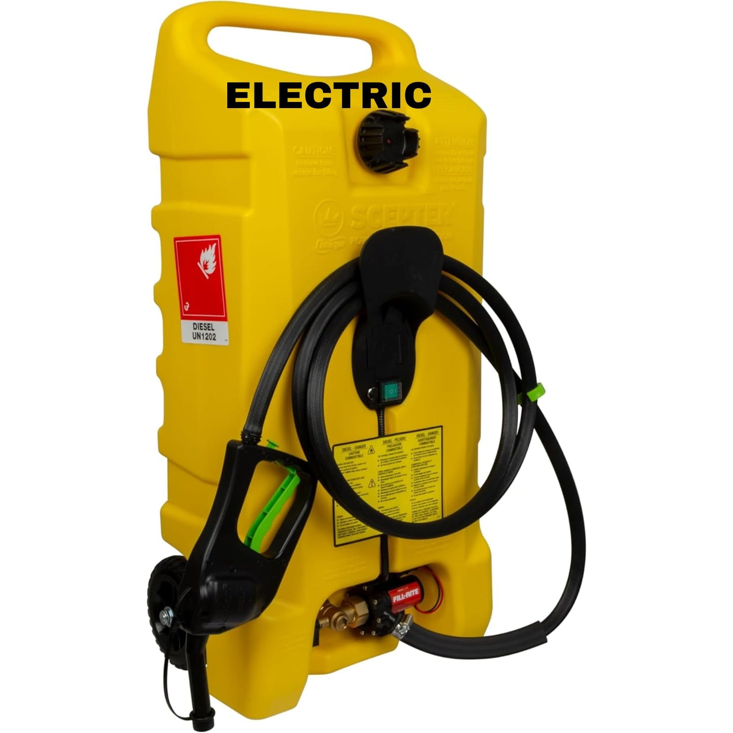 Scepter 14 Gallon Gas Caddy with Electric Fuel Pump, Flo ‘N Go Powered Portable Fuel Tank with Fill-Rite Transfer Pump and 10-Foot Hose for Farm, Marine, Commercial, and Home Use, Yellow