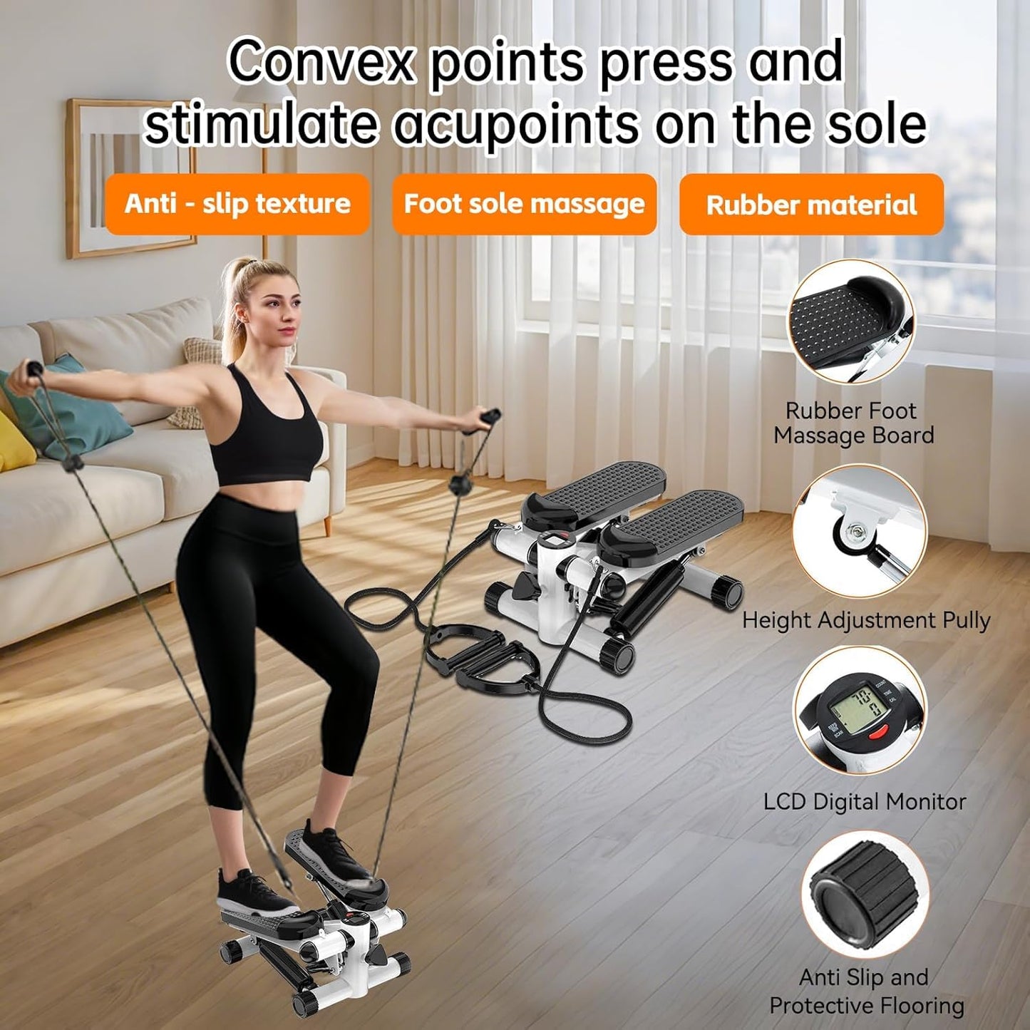 Steppers for Exercise at Home, Mini Stepper with Resistance Bands, Hydraulic Fitness Stepper with LCD Monitor, 360LBS Weight Capacity Portable Stair Stepper for Small Spaces