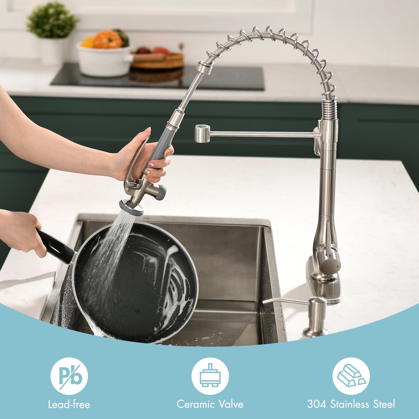 GIMILI Commercial Kitchen Faucet with Pull Down Sprayer, Double Headed Single Handle High Pressure Kitchen Faucet with Soap Dispenser Brushed Nickel