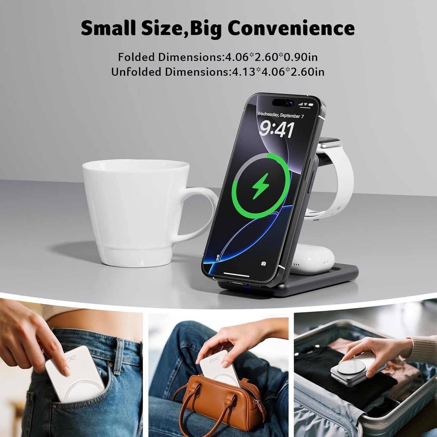 Acer 3 1 S3 in Charging Station for Apple Device, Magnetic Wireless Foldable Fast Charger Stand Compatible with MagSafe