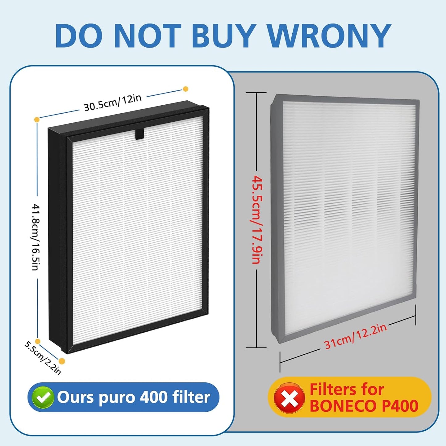 Puro 400 Air Purifier Replacement Filter - 3-in-1 Activated Carbon for Pet Dander, Smoke & Dust | 2 Pack