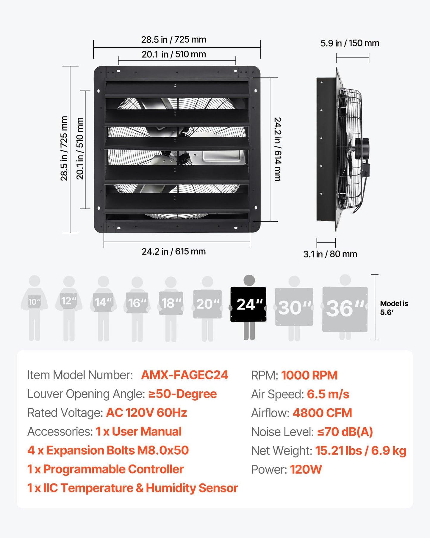 VEVOR 24 inch Exhaust Fan, Wall Mounted Attic Fan with Variable Speed, Temperature & Humidity Controller, 4800 CFM, Automatic Shutter