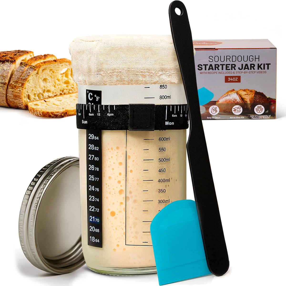 Spring Crust Beginner-Friendly Sourdough Starter Kit, Sourdough Starter Jar, 34oz Sourdough Jar Wide Mouth, Easy Instructions, Recipes & 24/7 AI Support - Sourdough Bread Baking Supplies