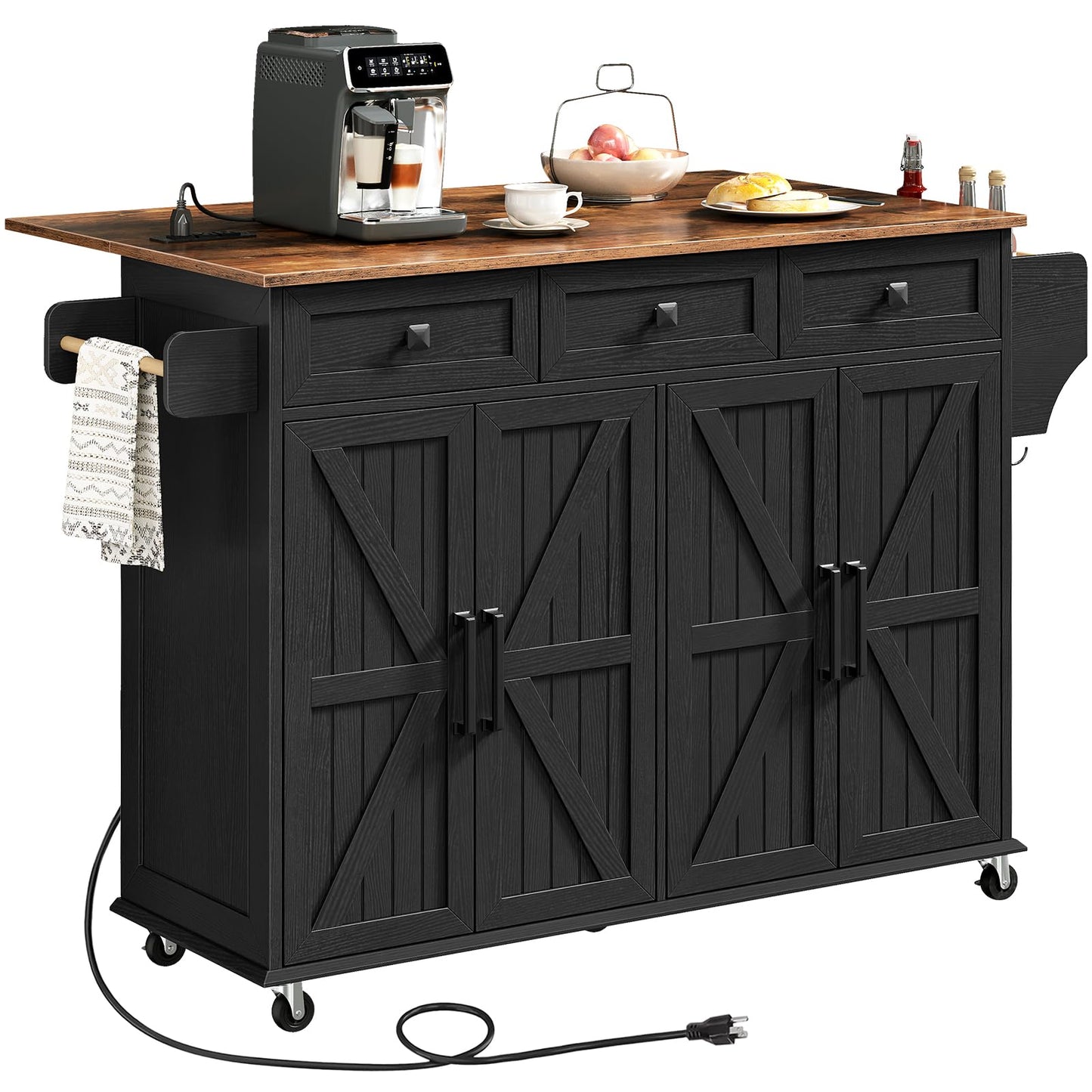 RALGEND Kitchen Island with Drop Leaf & Power Outlet, Rolling Kitchen Island Cart On Wheels, Barn Door Kitchen Island Table with Storage, Island Table for Kitchen, Black and Rustic Brown