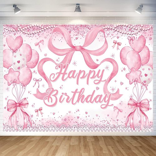 Cute Pink Bownot Birthday Party Backdrop Pink Bow Balloon Happy Birthday Banner Photography Background for Girls Teens Party Supplies 70.8 x 47.2 Inch