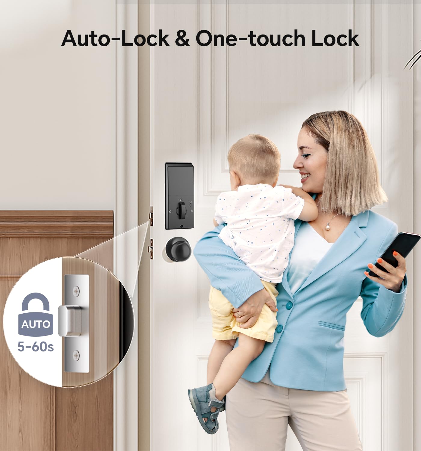 Ulecoce Fingerprint Keypad Deadbolt with Knob Set, Keyless Entry Door Lock with App Control, Door Locks for Front Door, Auto Lock＆One-Touch Lock, 100+ User Codes＆5 Keys, Easy Installation, Matte Black