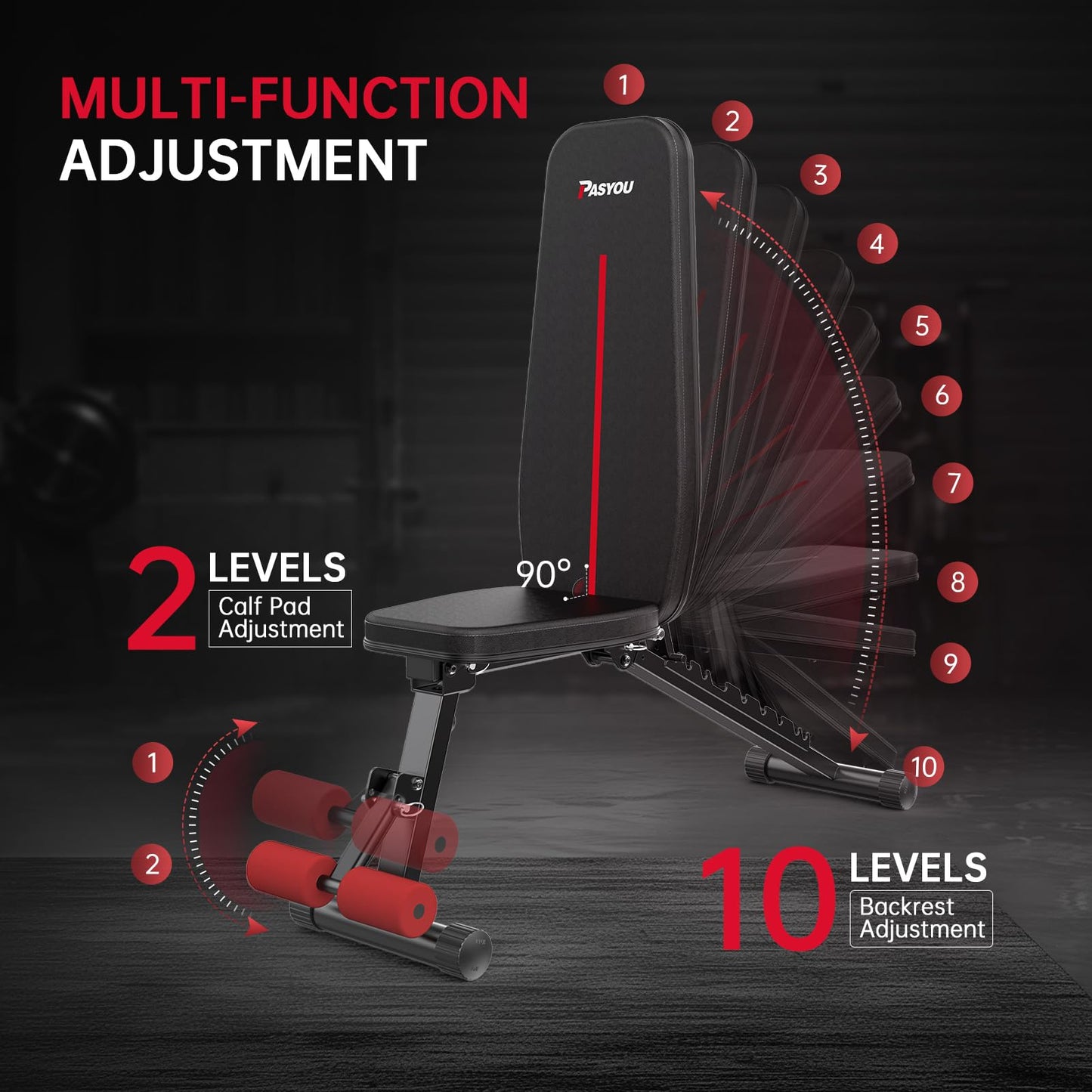 PASYOU Adjustable Weight Bench for Home Gym, Foldable Workout Bench with Incline & Decline Positions, Compact Full Body Strength Training Bench