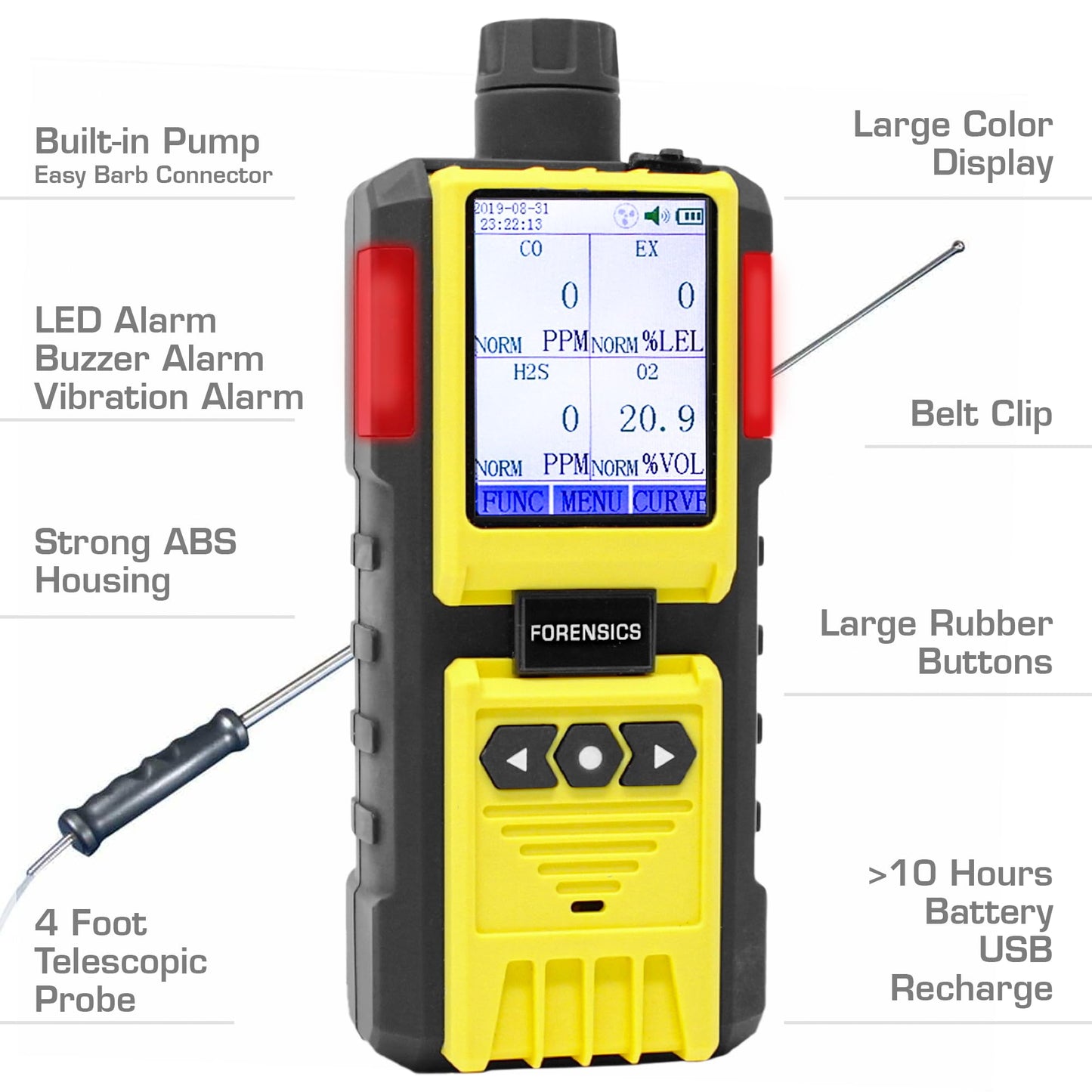 4 Gas Monitor by Forensics | Built-in Pump Multi Gas Meter | O2, CO, H2S, LEL | Color Display & Graphing | USA NIST Calibration | Computer Data Logging |