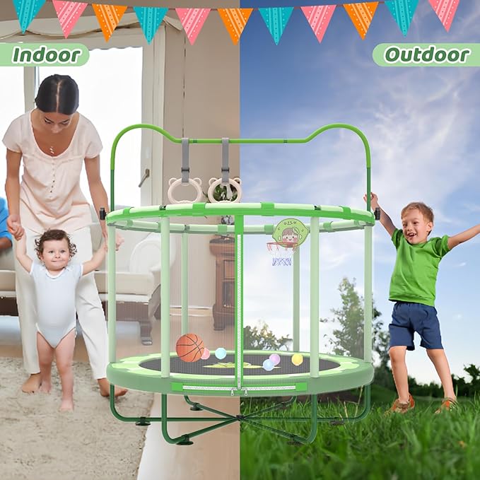 Gardenature 60" Kids Trampoline Indoor, 5ft Toddler Mini Trampoline with Basketball Hoop, Gymnastics Bar, Rings, Christmas Toys Birthday Gifts for Girls Boys Age 3-8
