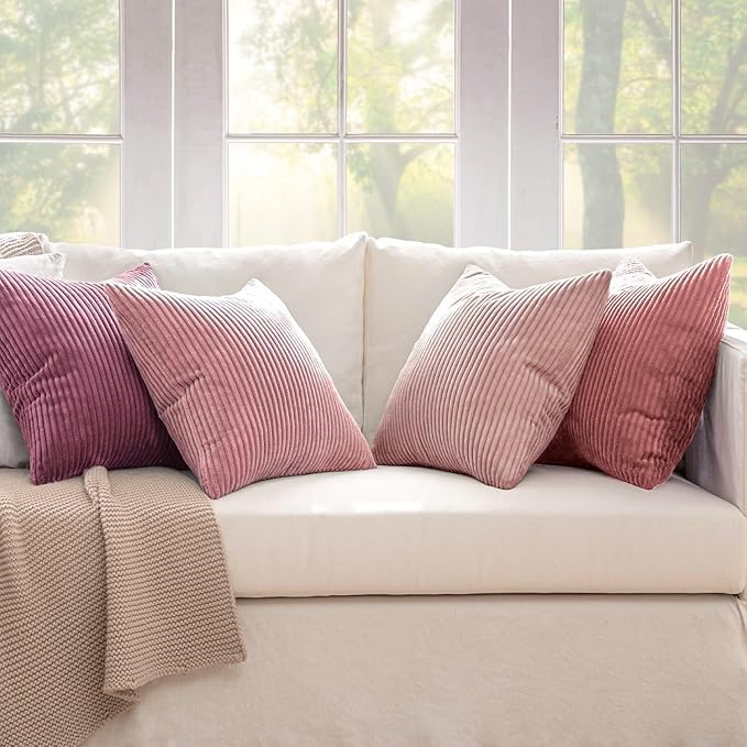 MIULEE Pack of 4 Purple Pink Valentines Corduroy Decorative Throw Pillow Covers 20x20 Inch Soft Boho Striped Pillow Covers Modern Farmhouse Spring Home Decor for Sofa Living Room Couch Bed