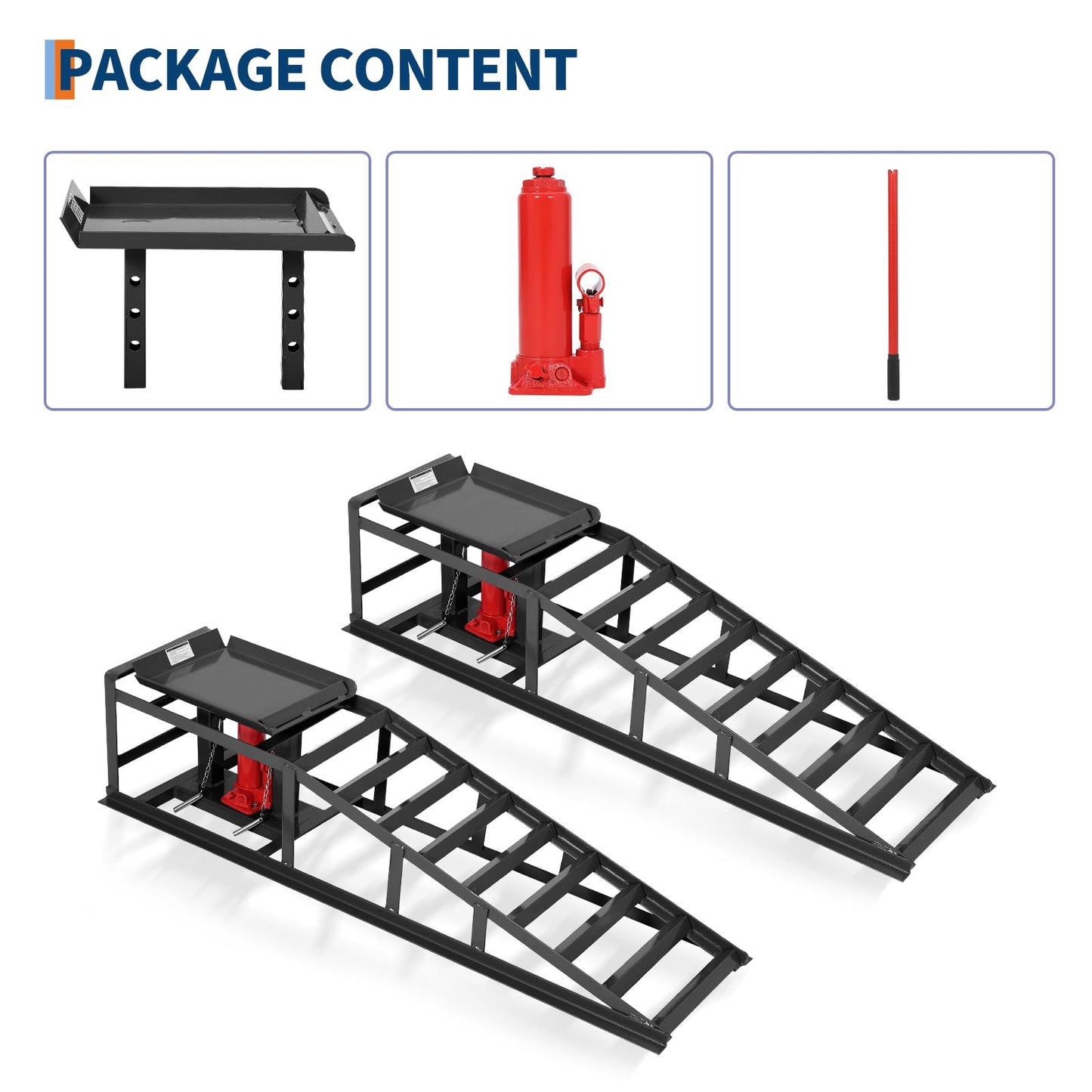 2 Pcs Hydraulic Car Ramps, 5 Ton (11,065 LBS) Heavy Duty Steel Car Lift Ramps with Hydraulic Jack for Oil Changes & Truck Repair, 9.4"-13.34" High Lift, Home Garage Vehicle Ramps