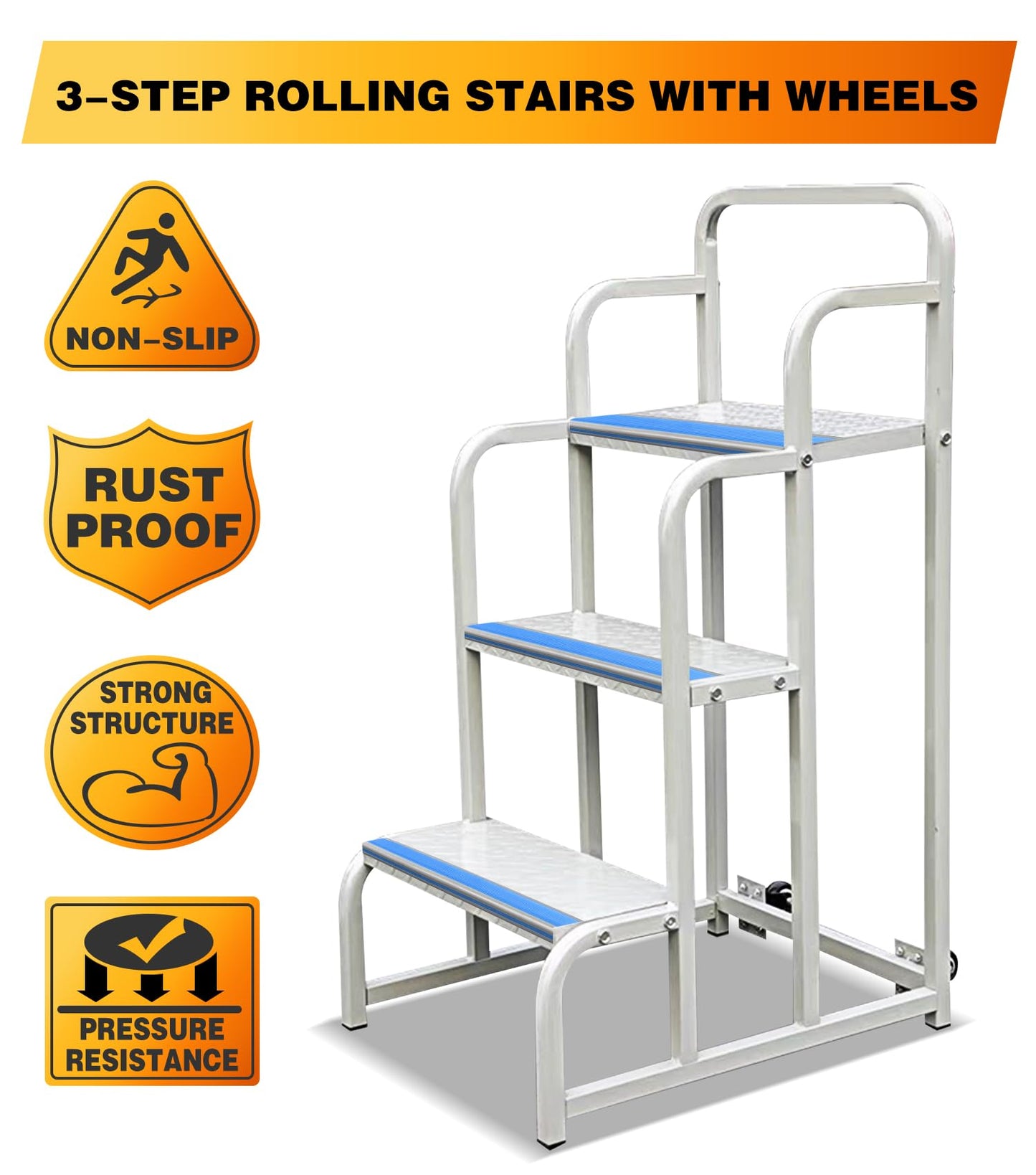 3 Step Stairs with Wheels, Industrial & Warehouse 3-Step Rolling Stairs, Non-Slip Rolling Steps with Stair Edge Protector, Easy to Move Rolling Steps with Wheels(19.7W x29.5H, 600LBs Loading).