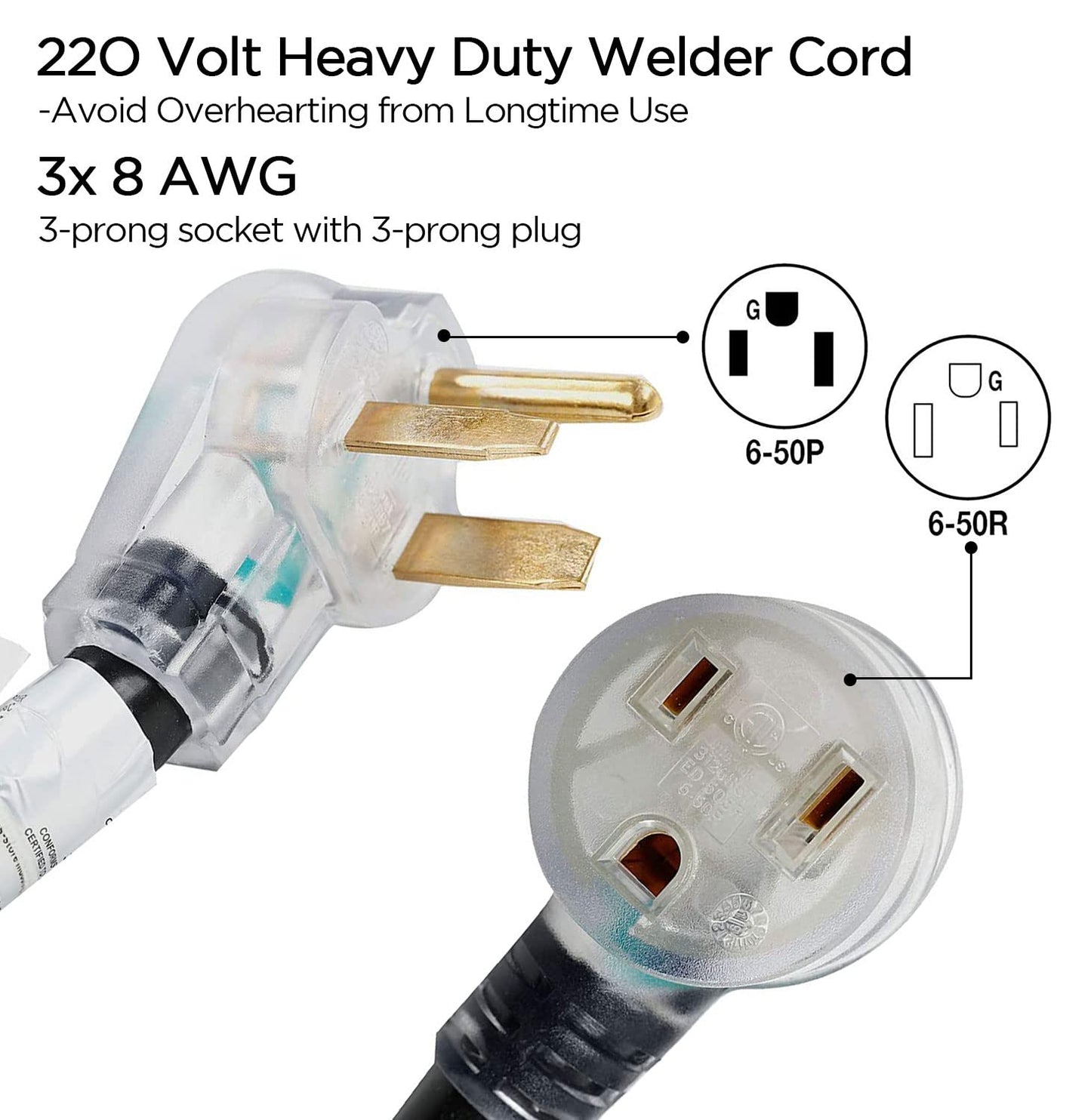 50FT 220V 50AMP Welder Extension Cord, 8 Gauge Heavy Duty Industrial NEMA 6-50 Welding Machine Cord with Lighted End for MIG TIG