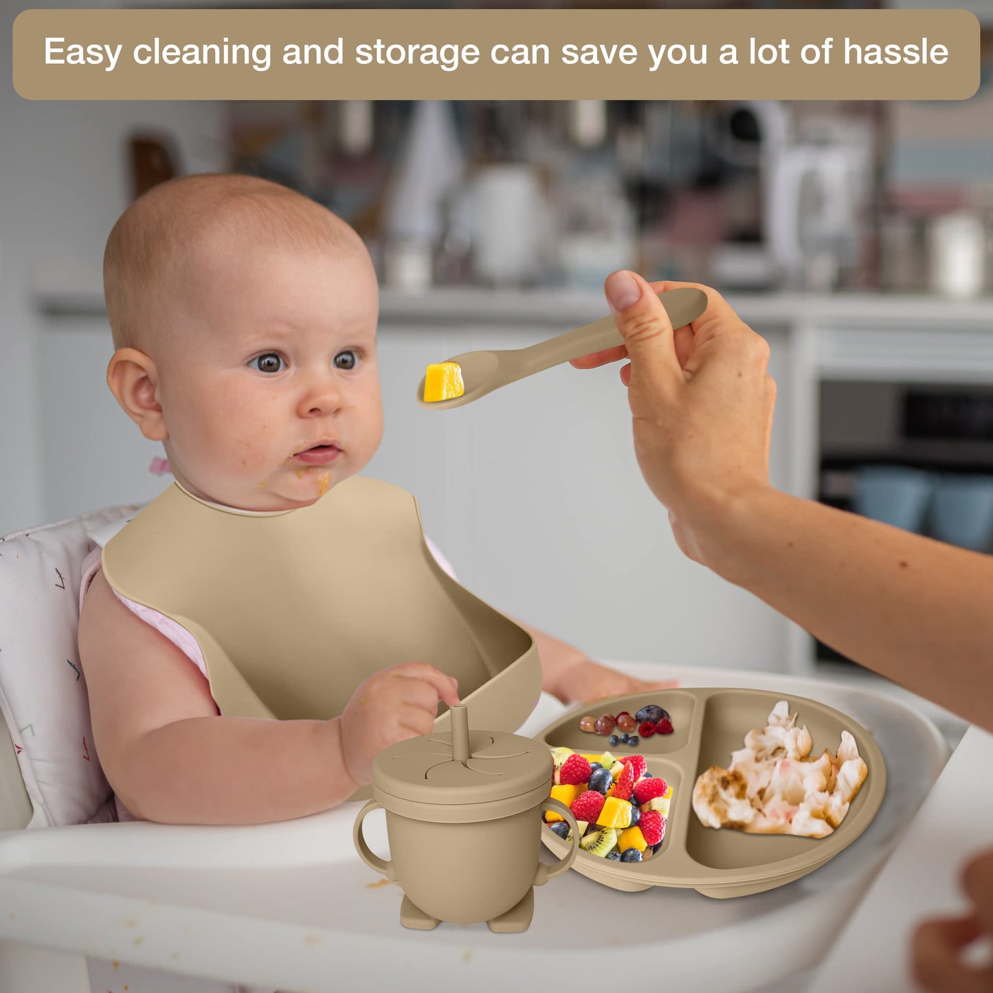 Mutualproducts - Baby Feeding Set 10-Piece | Baby Led Weaning Utensils Set Includes Suction Bowl and Plate, Baby Spoon and Fork, Sippy Cup, Straw, Lid & 2Bibs | Baby Feeding Supplies (B-Beige)