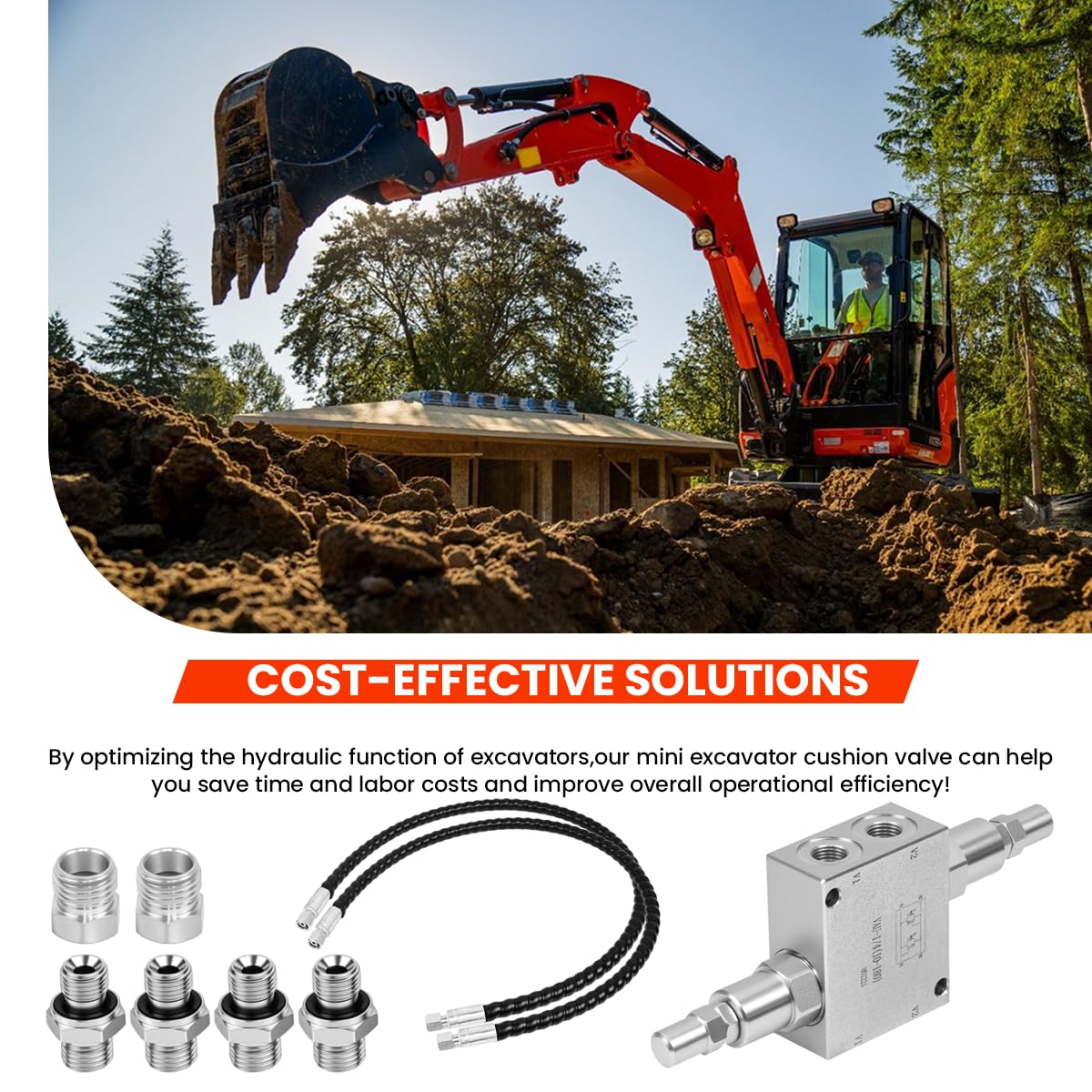 Mini Excavator Hydraulic Cushion Valve kit,1/4" Hydraulic Hoses and M14x1.5 Threaded Ends with Hydraulic Swivel Motor Buffer Dual Crossover Relief Cushion Valve