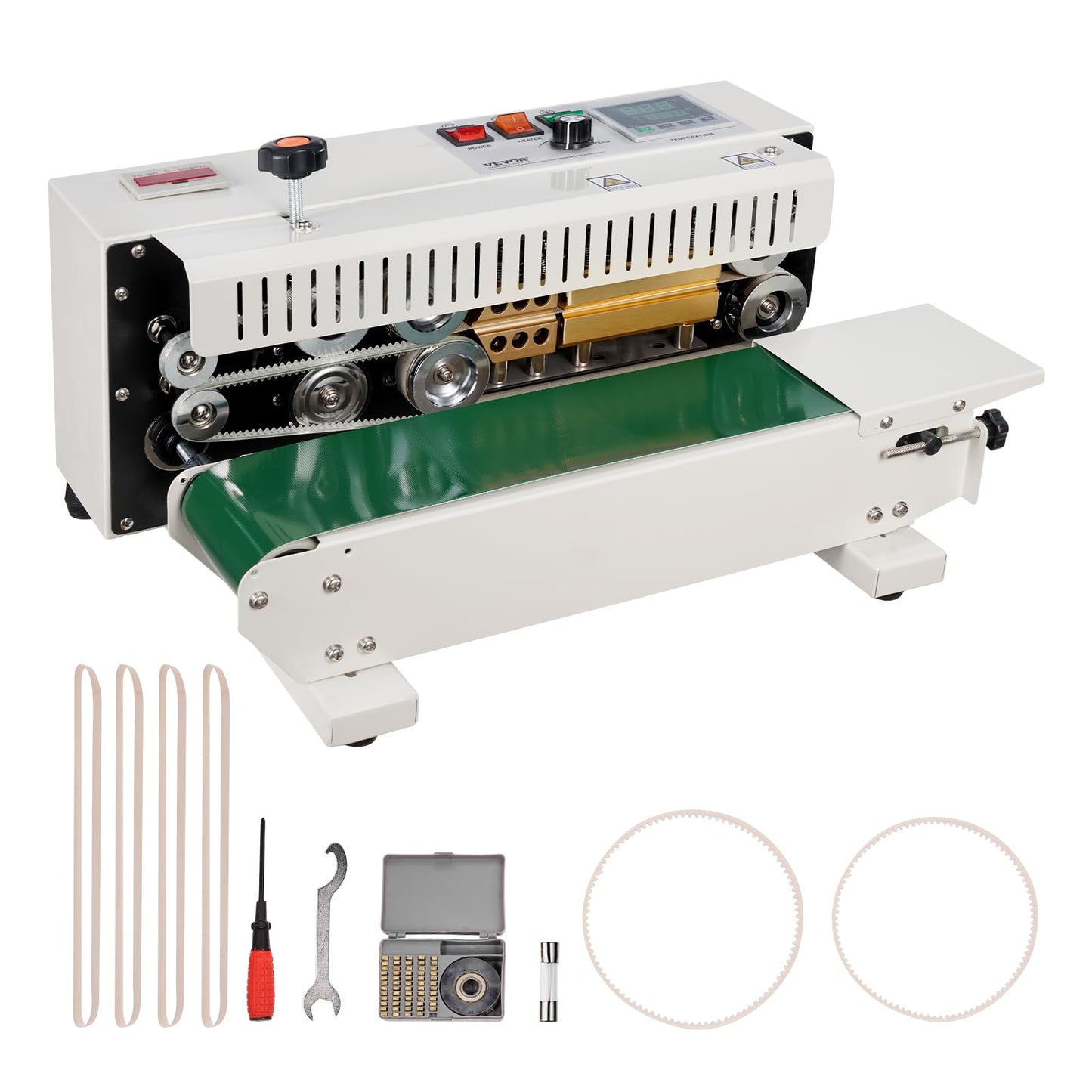 VEVOR Continuous Bag Band Sealing Machine FR900K Band Sealer Machine with Digital Temperature Control Horizontal Bag Sealer for 0.02-0.08 mm Plastic Bags Continuous Band Sealer w/Printing Function