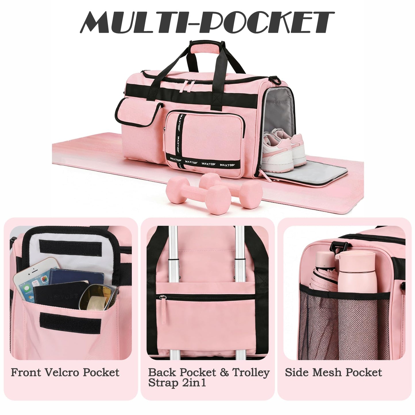 MAXTOP Gym Bag for Women Travel Duffle Carry On Tote Weekender Bag Large Capacity Pink Overnight Bag With Shoe Compartment Gym Tote Bag with Dry and Wet Separation