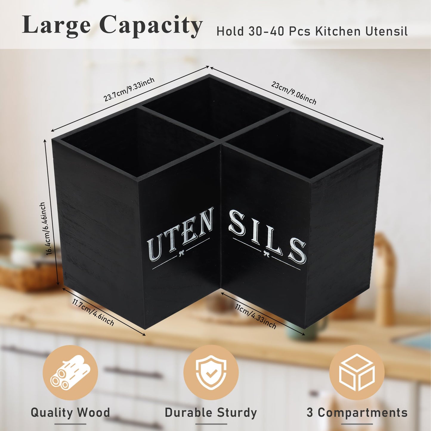 Top-spring Extra Large Utensil Holder for Kitchen Counter - Wooden Cooking Utensils Holder - Rustic Farmhouse Decor Kitchen Corner Utensil Organizer with 3 Compartment, Black Wood Utensil Caddy