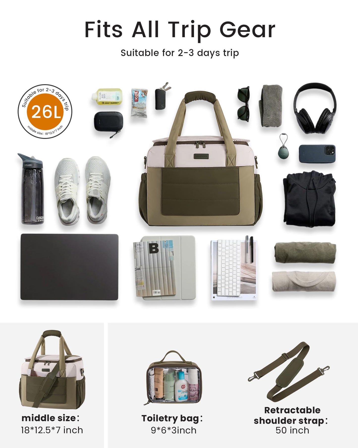 LOVEVOOK Small Gym Bag for Women & Men with Wet Pocket,26L Cute Waterproof Womens Gym Bag Travel Duffel Bags Workout Bag,Convertible Carry on Bag Overnight Bags Personal Item Travel Bag (Been Green,L)