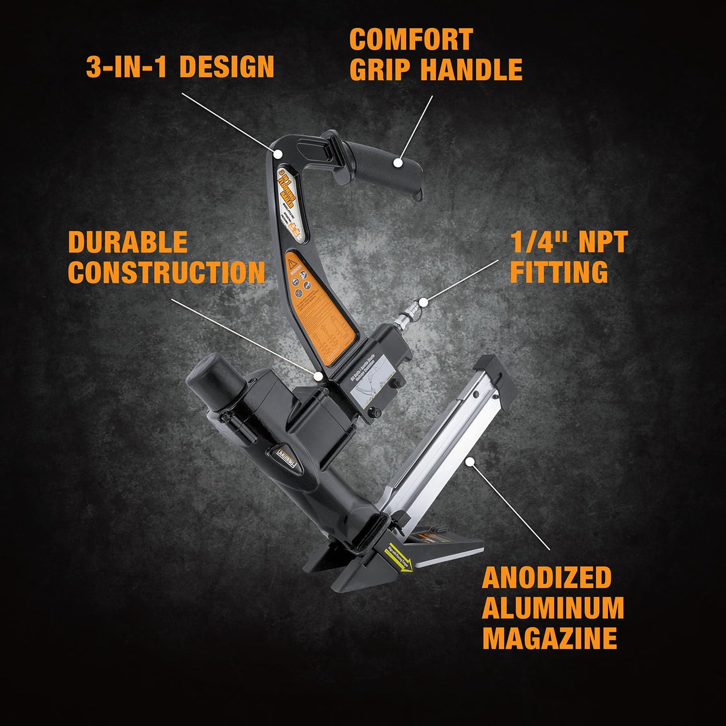 Freeman PFL618C Pneumatic 3-in-1 15.5-Gauge and 16-Gauge 2" Flooring Nailer/Stapler with Flooring Mallet and Interchangeable Base Plates