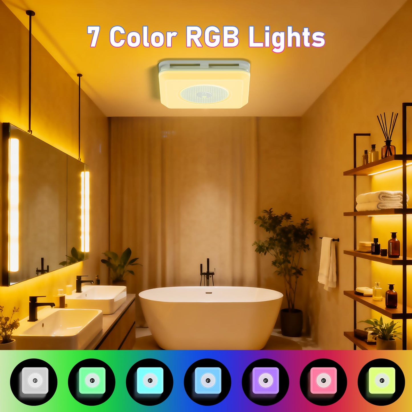 BSEED Bathroom Exhaust Fan with Bluetooth Speaker & LED Light, 230 CFM 1.5 Sone, 7-Color RGB & 3CCT Adjustable Light, Music Sync, Digital Display, Remote Control, Easy Install (White)