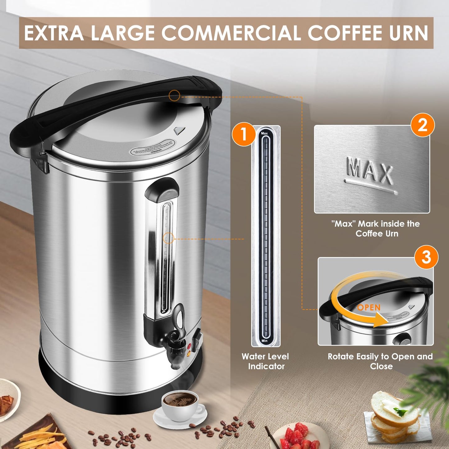 HOMOKUS Commercial Coffee Urn, 120 Cup Extra Large Hot Water Urn, 18L Silver Double Wall Stainless Steel Large Coffee Urns, 1500W Quick Brew Commercial Coffee Percolator Electric for Gatherings
