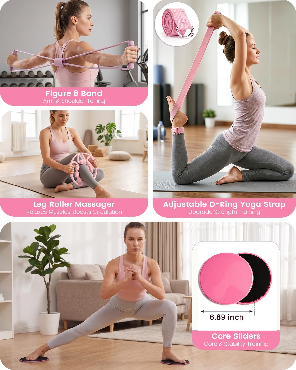 Pilates Kit 24PCS for Women, Pilates Equipment Ring Ball Set with Magic Circle,Resistance Bands Yoga Strap Wrist Ankle Weights Accessories for Beginner Home Fitness Gym Workout(Pink)