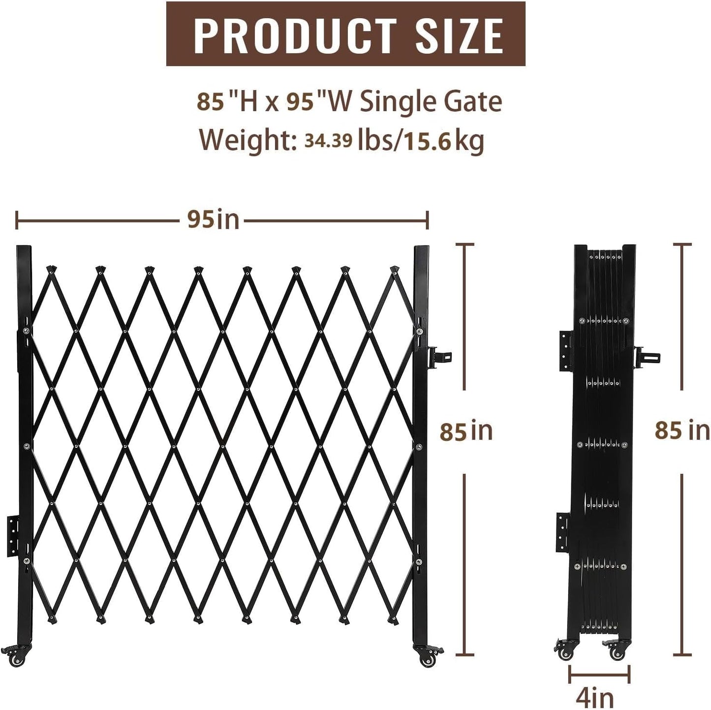 Garvee 85" H x 95" W Single Folding Security Gate, Steel Expandable Fence with 360° Rolling Wheels for Courtyard, Garage, and Garden Access Control