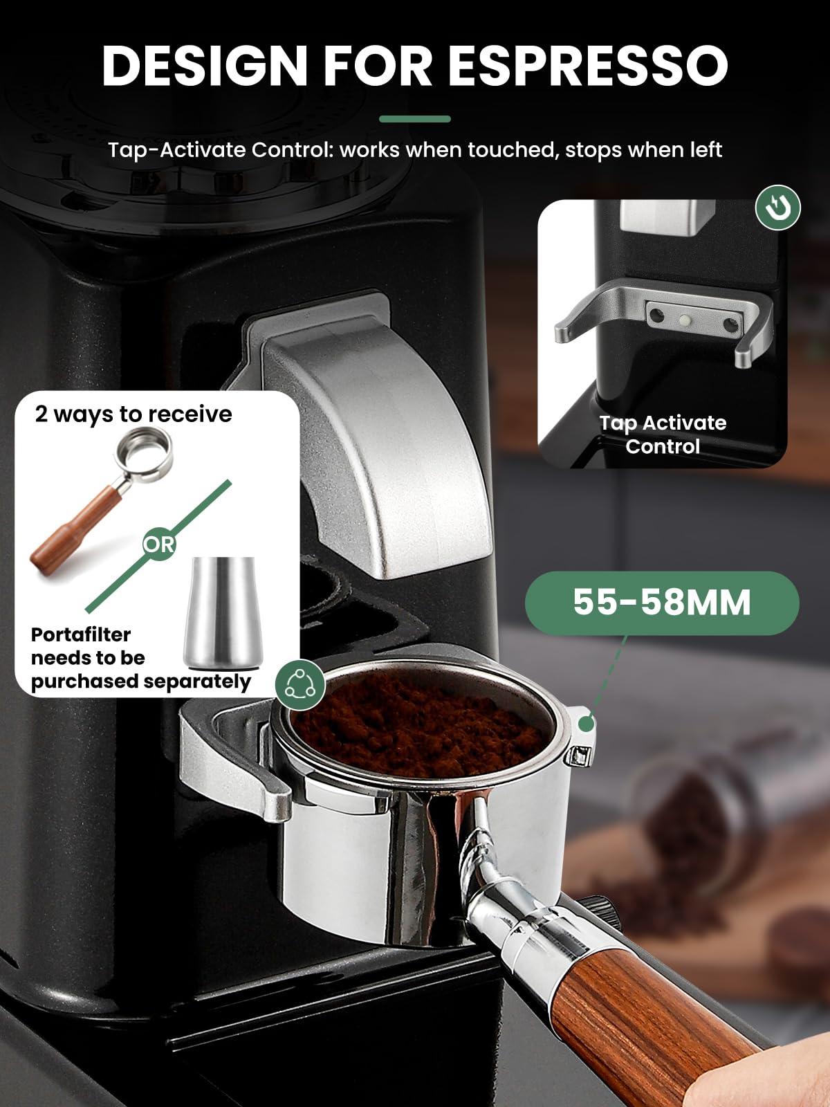 Huanyu Burr Coffee Grinder- Stainless Steel Flat Burr, 19 Precise Grind Settings, 35oz Capacity and Dual Dosing for Espresso, Pour Over, French Press, Black