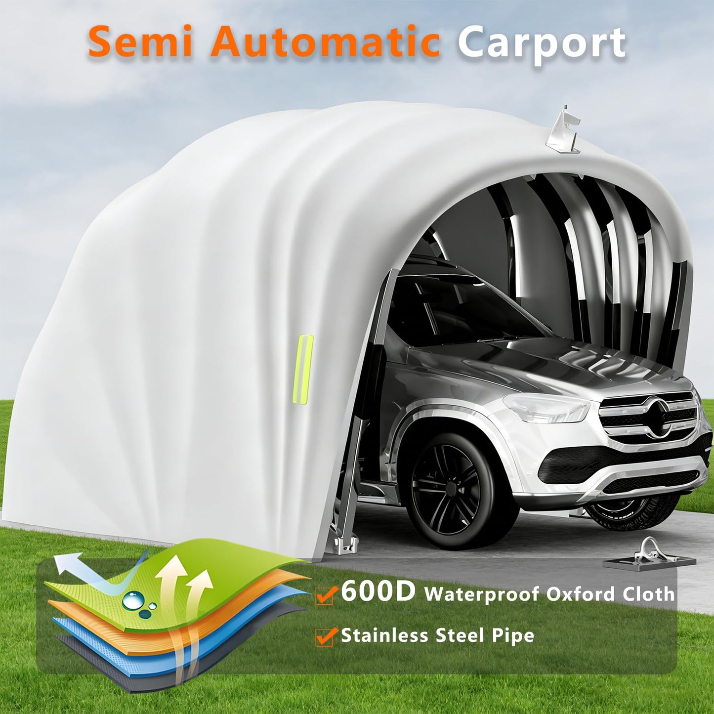 Semi Automatic Car Canopy, 19.35 x 8.8 Ft Garage Shelter with Heavy-Duty Oxford Fabric, Stainless Steel Frame - Waterproof, UV-Resistant, Windproof for Outdoor Vehicle Protection, Grey