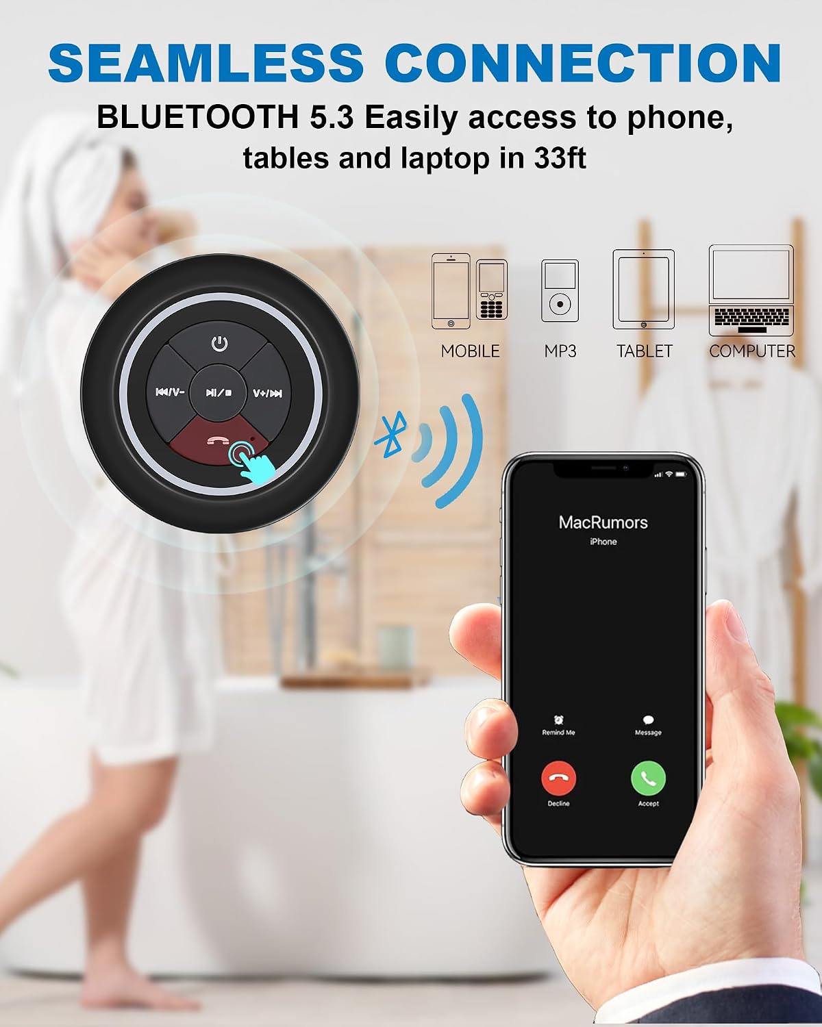 Razobws IP67 Bluetooth Shower Speaker, Portable Bluetooth Speakers, Waterproof Speaker with Suction Cup, Floating