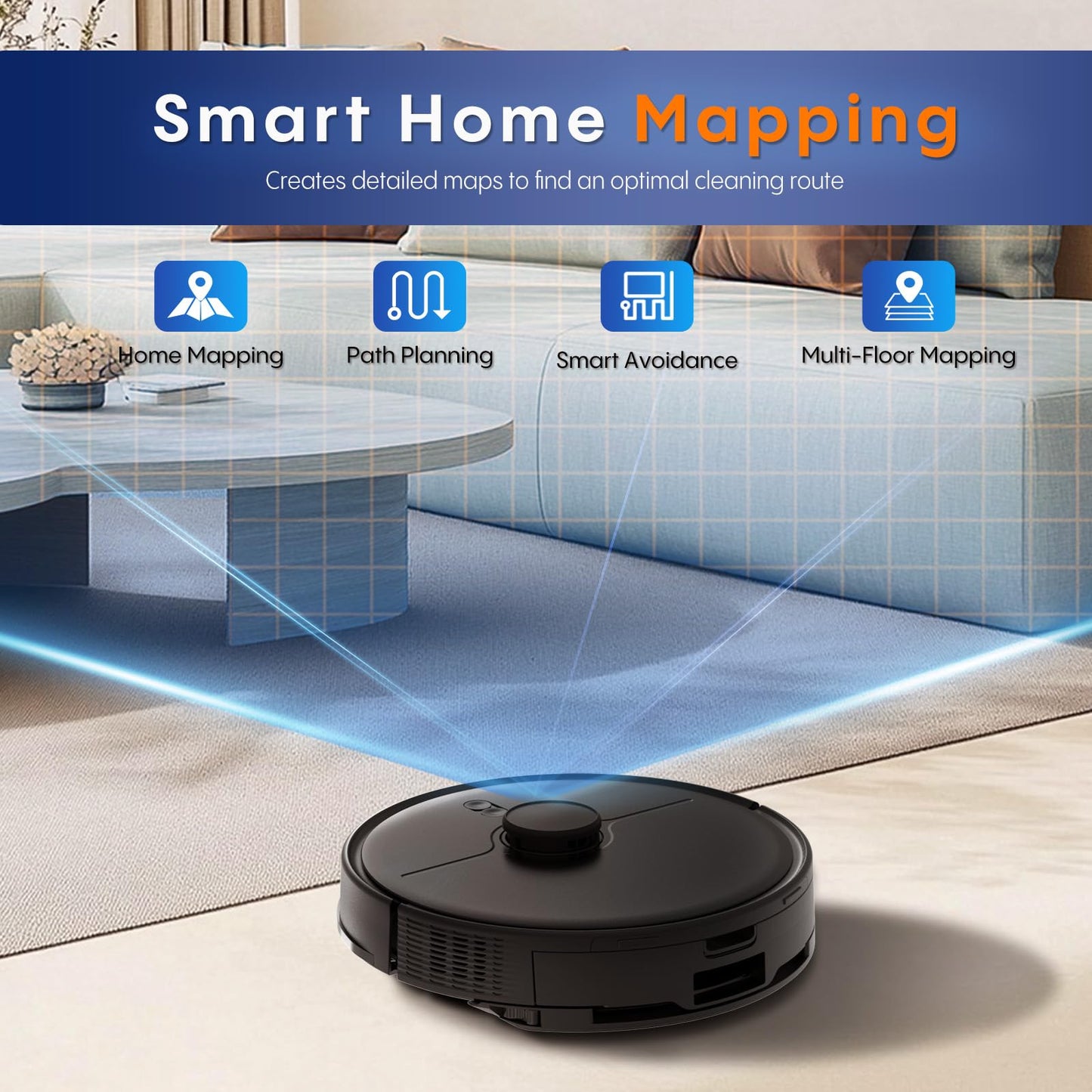 eitton Robot Vacuum and Mop Combo, 5000Pa Powerful Suction, Advanced Smart Mapping, Ideal for Pet Hair, Dust