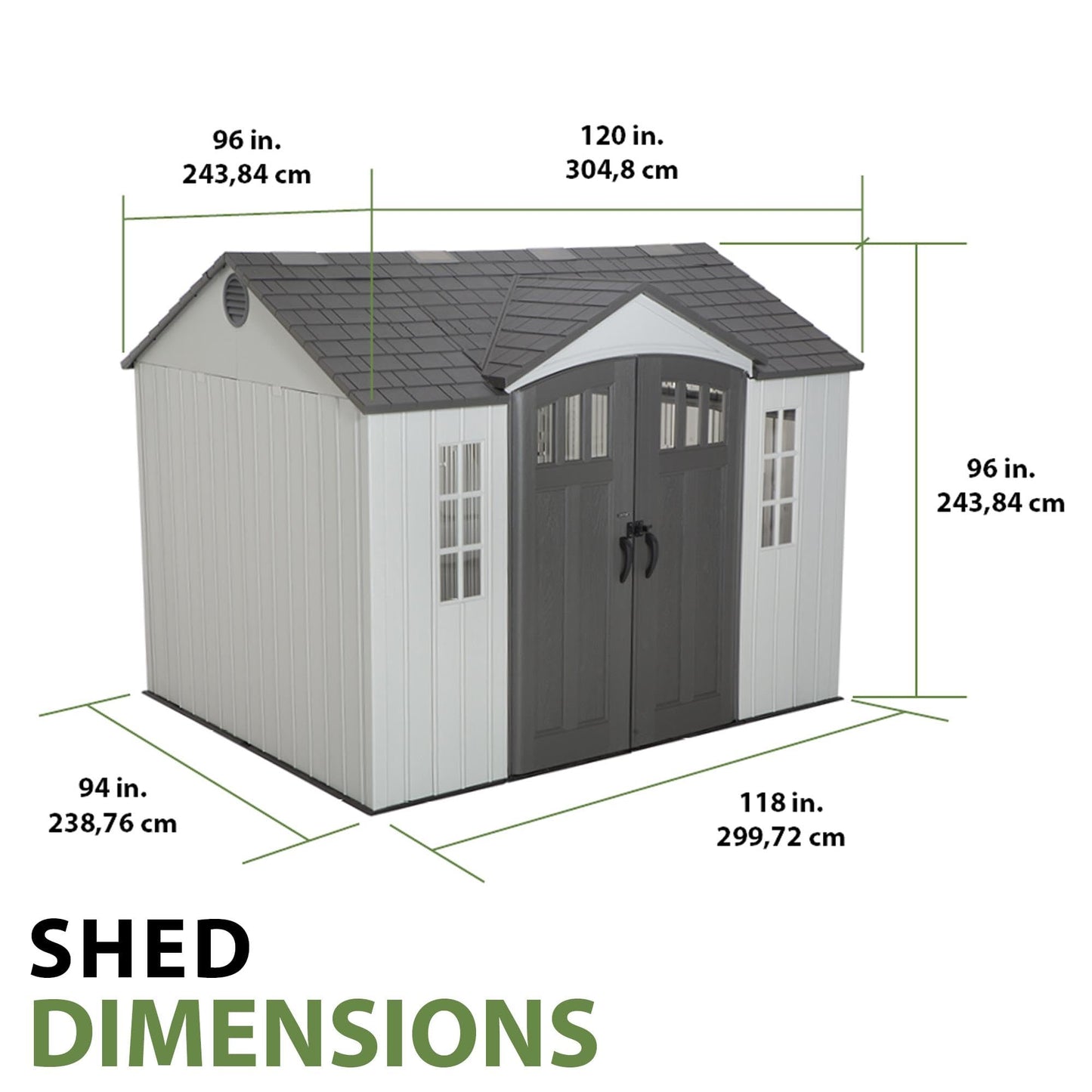 Lifetime 10×8 Ft. Outdoor Storage Shed, Dual‑Wall HDPE with Steel‑Reinforced Structure, Side‑Entry Doors with Windows, Skylight, Screened Vents, Adjustable Shelves, Slip‑Resistant Floor, UV‑Protected