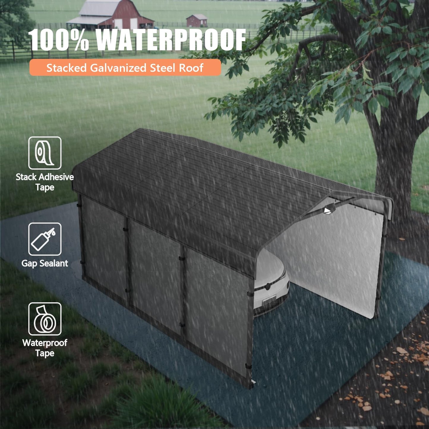 Benass 10x15FT Heavy Duty Metal Carport, Galvanized Steel Roof Portable Garage with PE Sidewalls, 2x2 Reinforced Square Tube Frame, All-Weather Waterproof Shelter for Car, Truck, Boat
