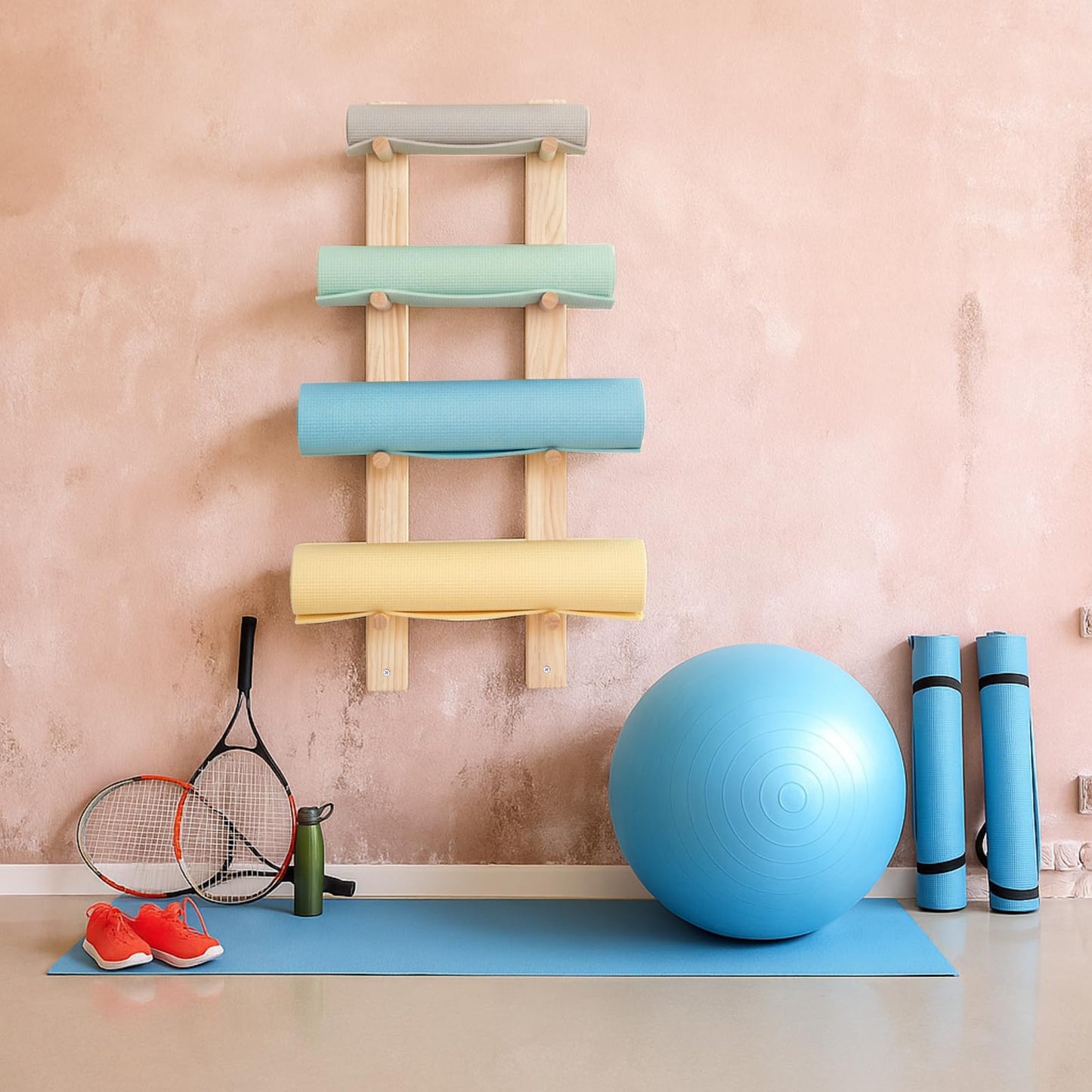 Cinnvoice 1 Pair Yoga Mat Holder Wall Mount Wooden Yoga Mat Storage Racks for Foam Roller & Fitness Accessories 4 Layer 28.7" X7" X2", Accommodating 4 Mats Save Space & Home Gym Organize