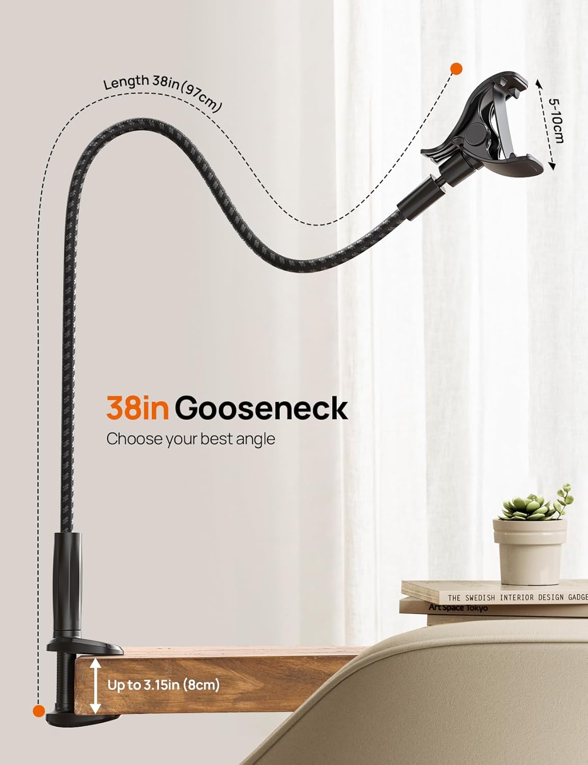 Aomiker [2025 38 360 15 14 13 12 11 4-7" Gooseneck Phone Holder for Bed - Upgrade Nylon Braid] Long Flexible Lazy Arm