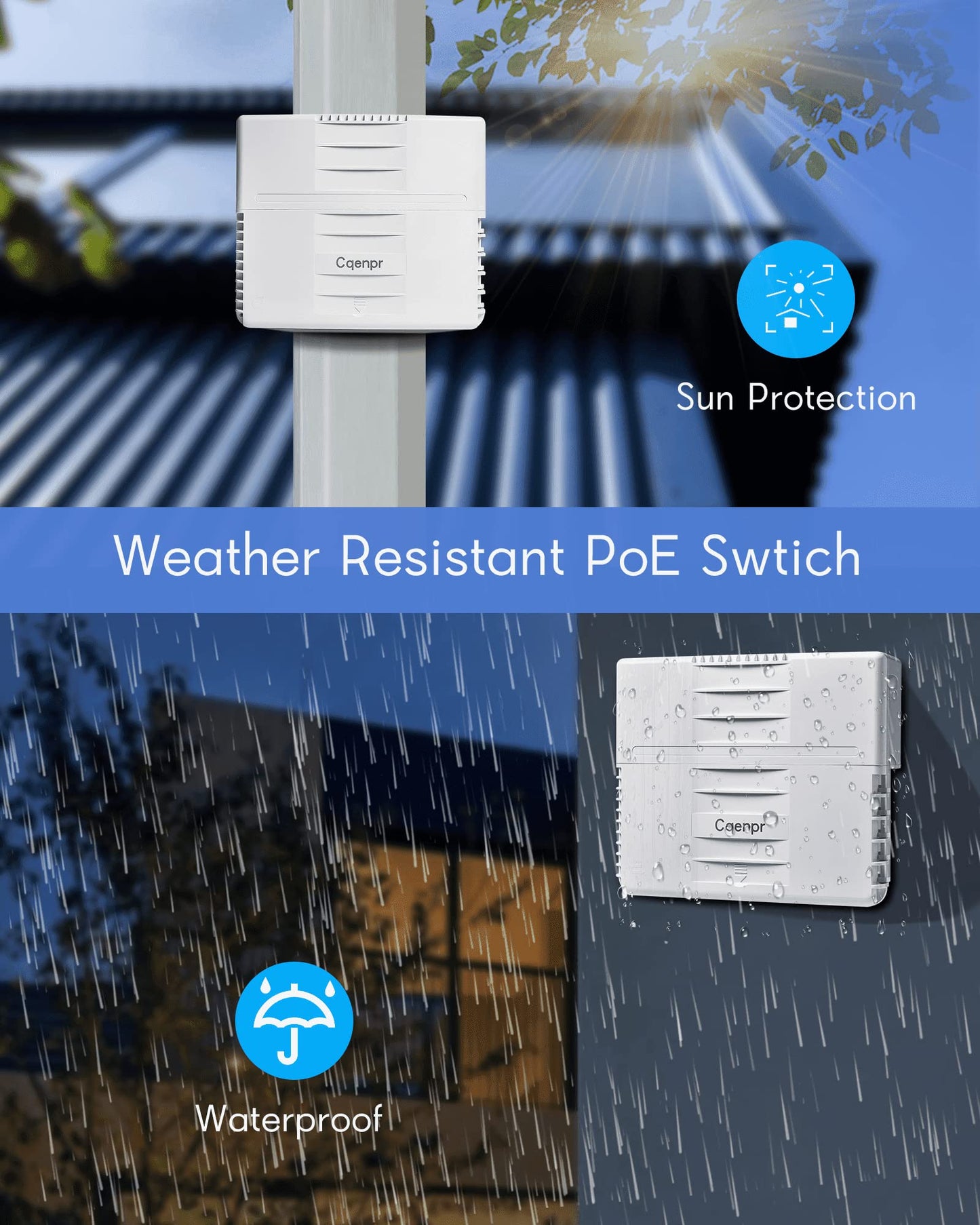Cqenpr Outdoor Poe Switch with 8 Port Poe+2G Uplink+1SFP Slot, IEEE802.3af/at/bt, All-in-One Box, 60W PoE++, 120W High Power Output, Play & Plug, Fan-Less Unmanaged, AI Watchdog.