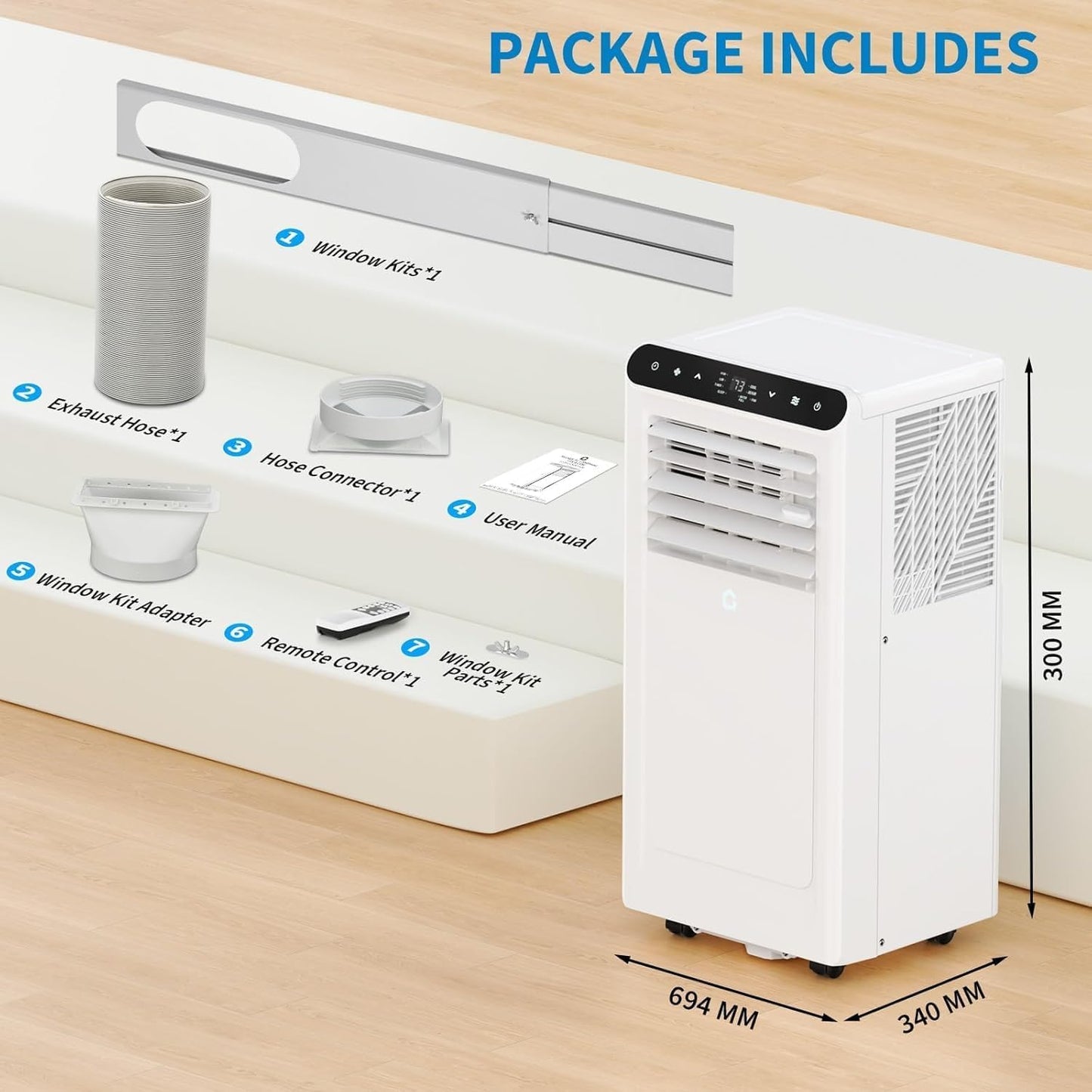 8,000 BTUs Portable Air Conditioner, 3-In-1 Portable AC Unit with Fan & Dehumidifier, Room Air Conditioner Cools Up to 350 Sq.Ft, Standing AC Unit with Remote Control & 24H Timer, for Home, Office
