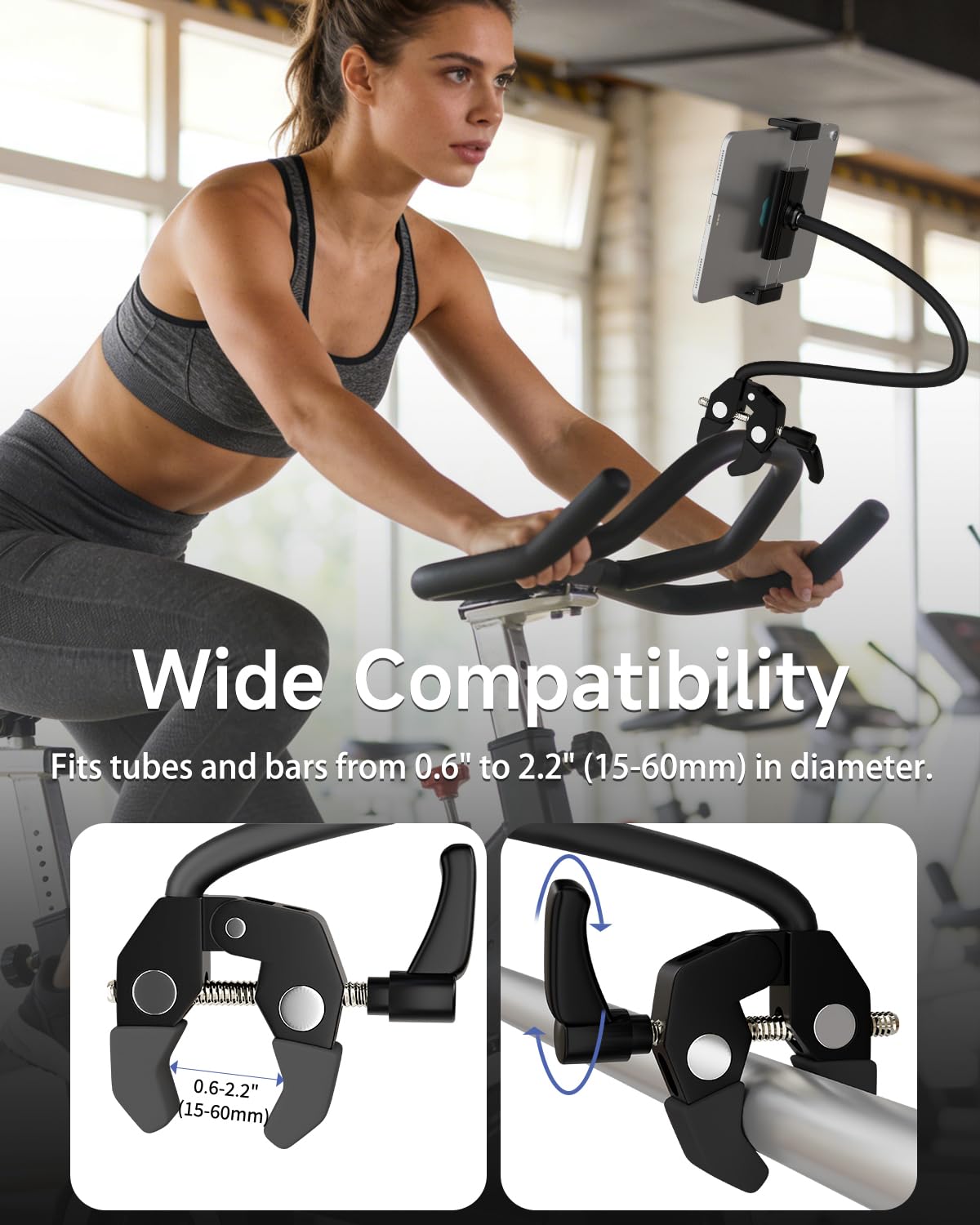 Gooseneck iPad Holder, 360° Adjustable iPad Holder for Treadmill with Super Strong Clamp, Tablet Mount for Stroller, Gym Bicycle, Spin Bike, Wheelchair, Mic Stand, Compatible with 4.7-13" Devices