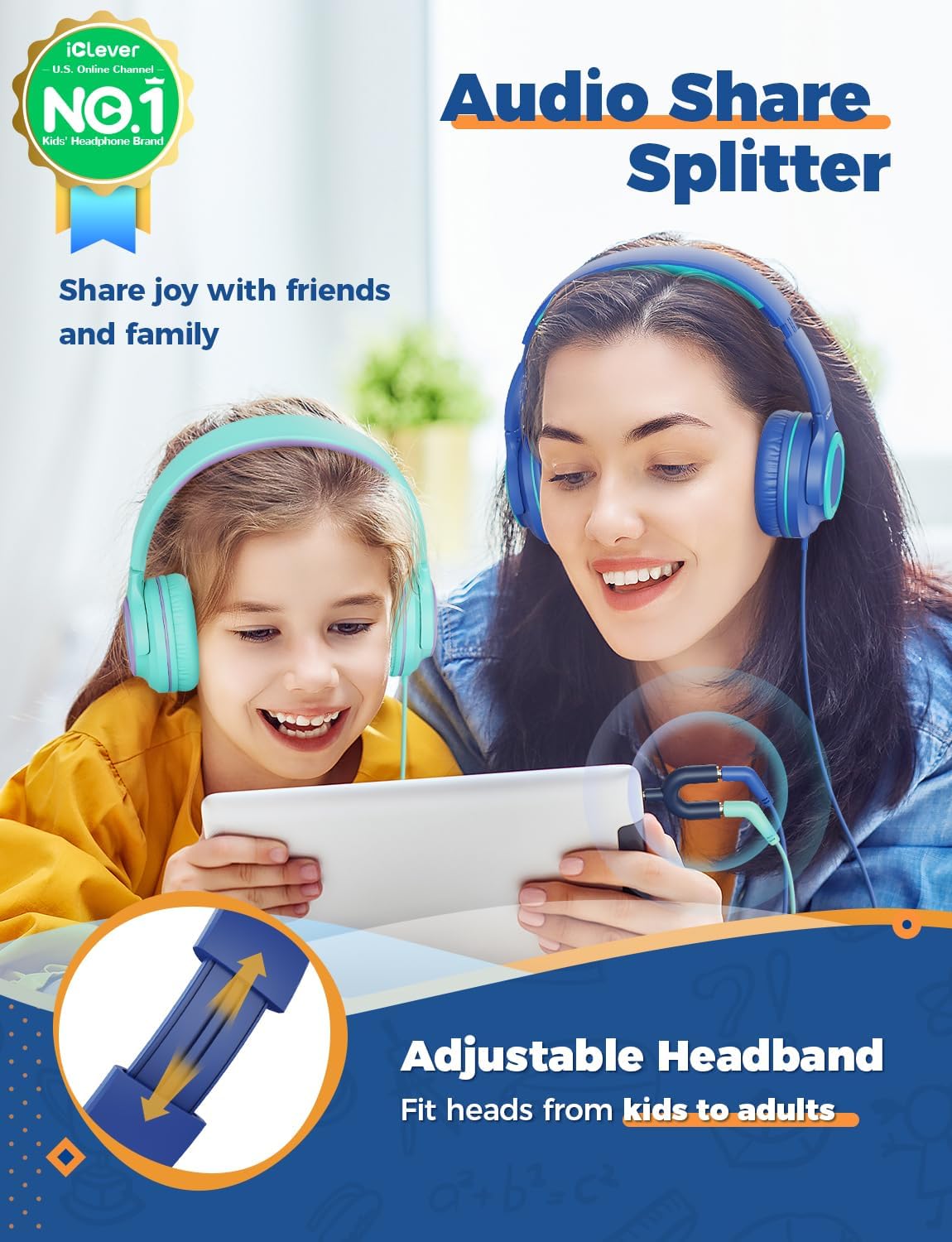 2Pack 85dBA HS22 3.5mm iClever Kids Headphones with Sharing Splitter - Safe Volume Limited - Wired Headphones for Kids