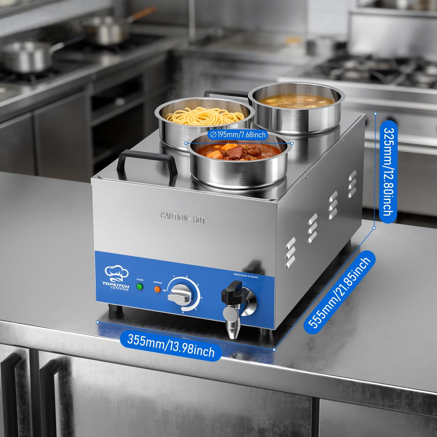 TOPKITCH ETL Listed Commercial 12L Soup Warmer with 3×4L Pot，Drain,Seamless One-piece Tank,86-185℉ Adjustable Thermostat,TempLimiter-120V/1200W Commercial Bain Marie Electric Food Warmer