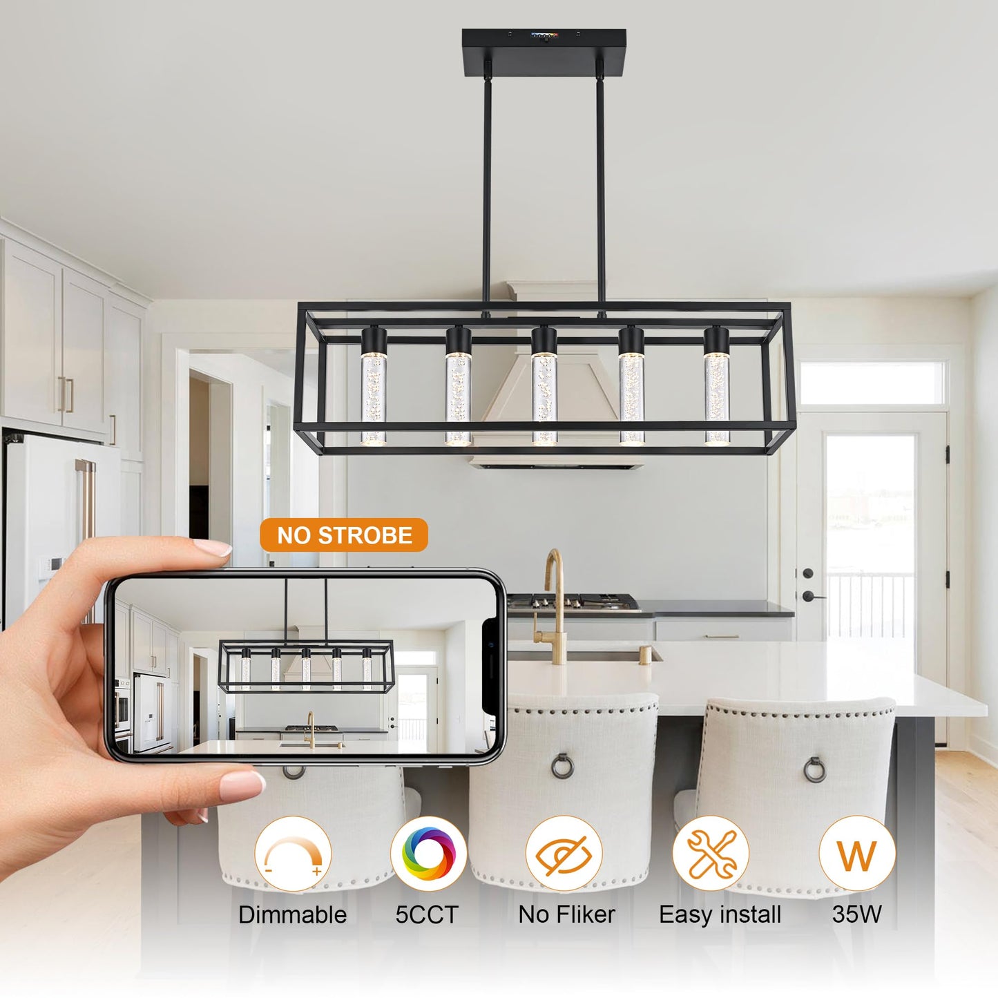 VINLUZ LED Farmhouse Kitchen Island Lighting,5 Light Industrial Linear Chandelier for Dining Room Metal Black Finish Hanging Pendant Light Fixture for Bedroom Living Room Hallway