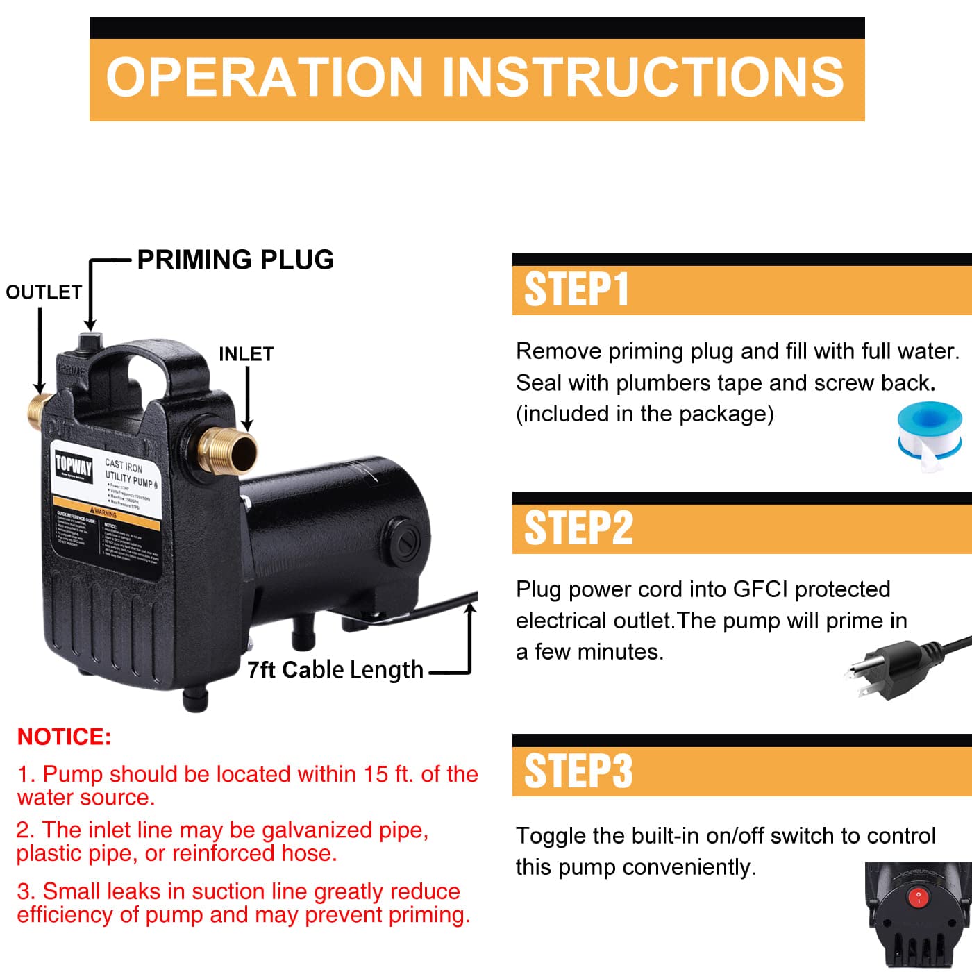 TOPWAY 1/2HP 1560GPH Portable Cast Iron High Pressure Utility Transfer Water Pump with Built-in On/Off Switch,Hose connectors & Suction Strainer.