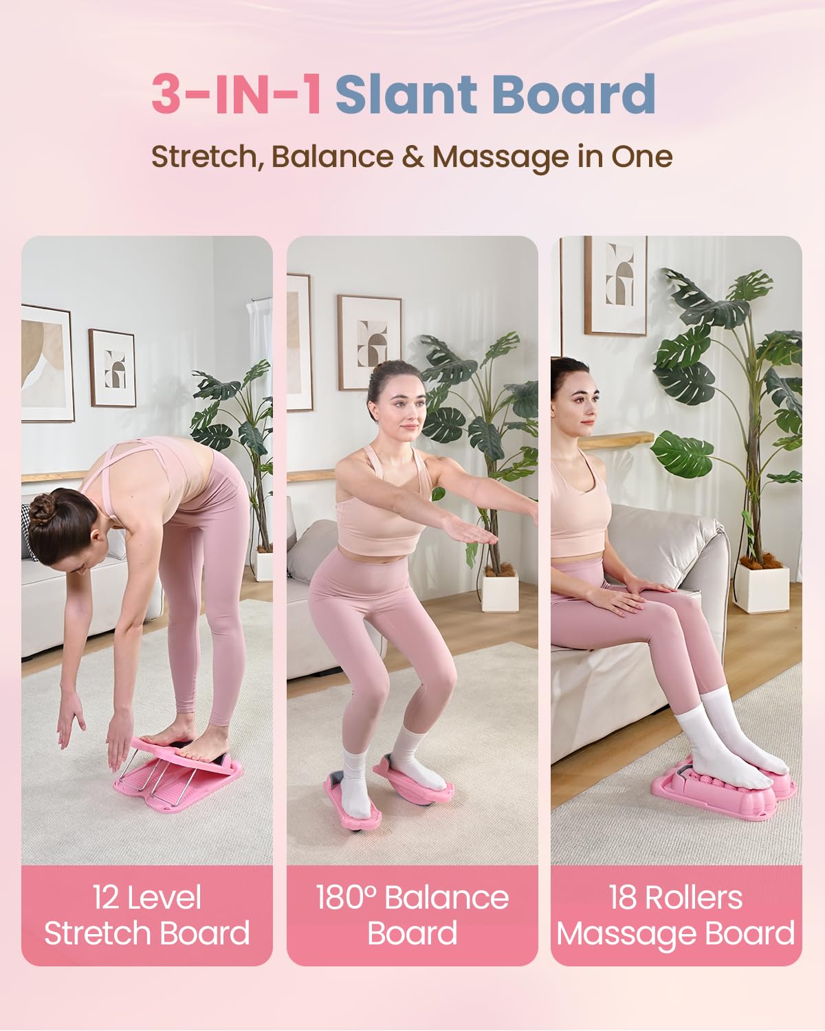 kisnbld 3-in-1 Slant Board & Calf Stretcher, 12-Level Adjustable Incline Board with Integrated Foot Massager & Resistance Bands, Calf Stretch Board for Pain Relief & Balance Exercise Trainer, Pink