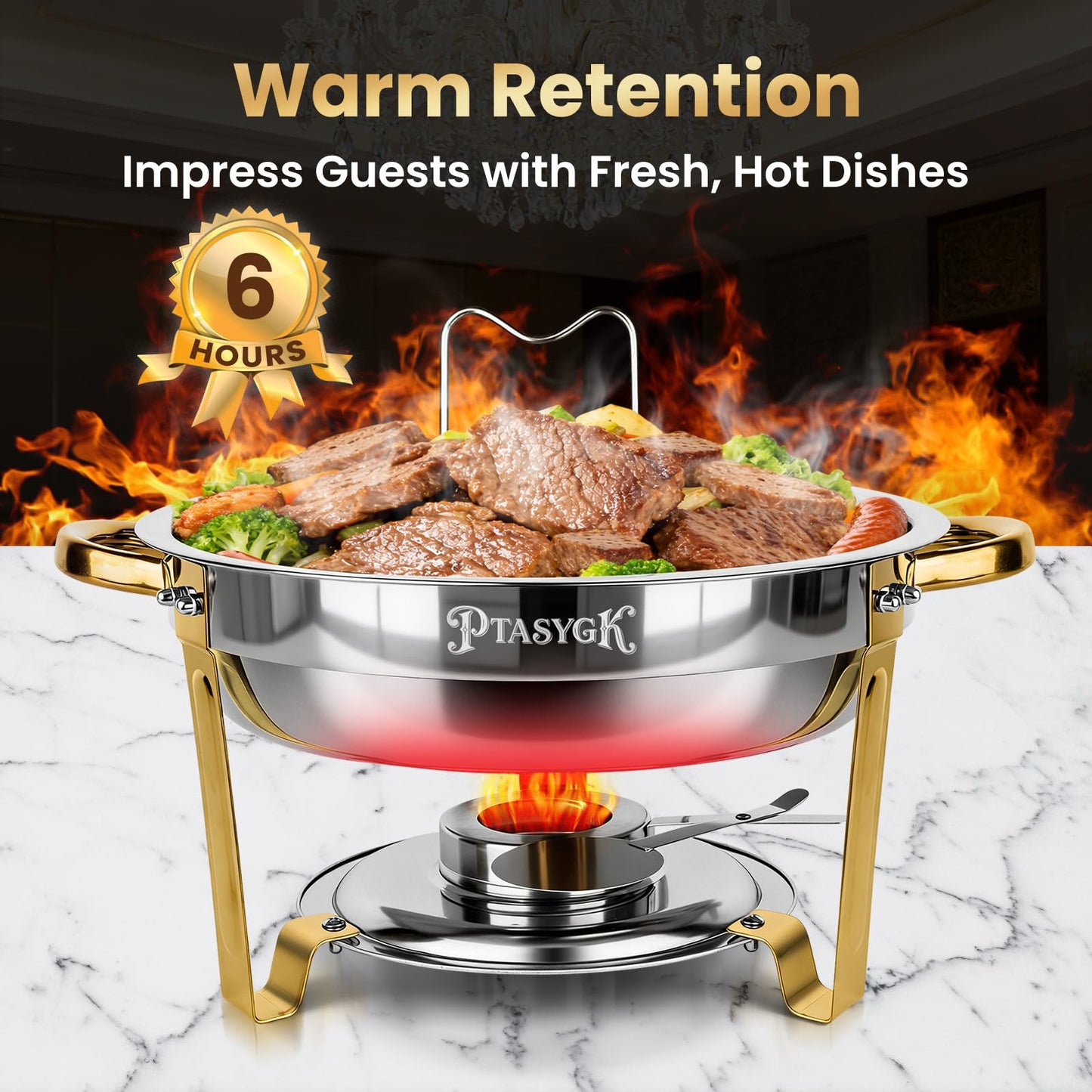 PTASYGK Chafing Dishes for Buffet - 4 Pack 5QT Gold Stainless Steel Round Food Warmer with Stainless Steel Lid, Lid Holder & Stackable Design for Home Parties & Small Catering