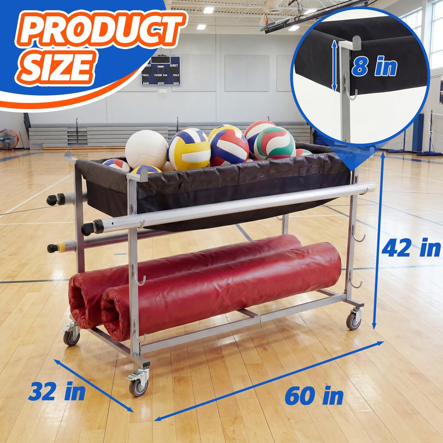 Datanly Volleyball Equipment Cart with Wheels 60 Inch Heavy Duty Volleyball Gear Storage Trolley with Removable Polyester Baskets Grey Portable Ball Cart for Balls Pads Nets Training Aids